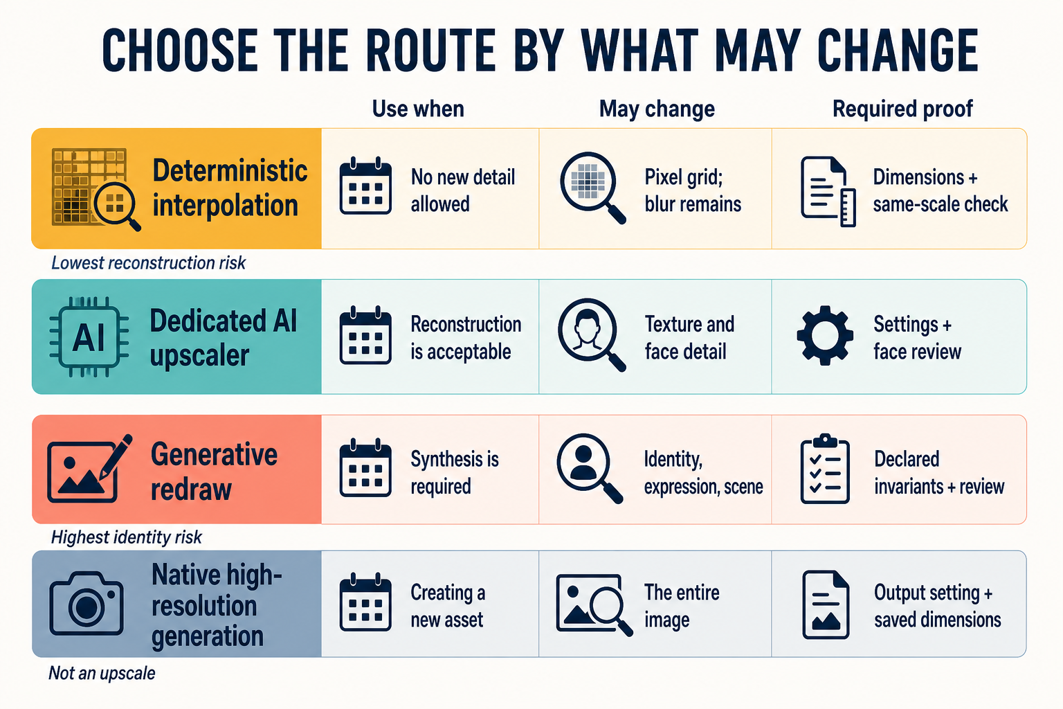 Decision matrix for choosing deterministic interpolation, a dedicated AI upscaler, a generative redraw, or native high-resolution generation