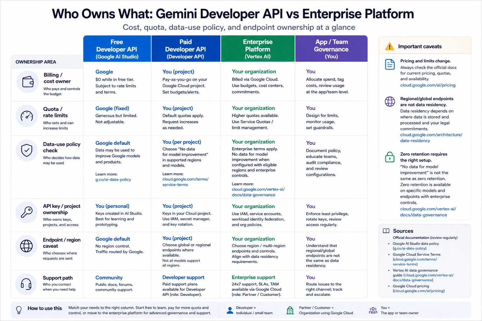 Cost quota data-use and endpoint owner map for Gemini Developer API and enterprise platform routes