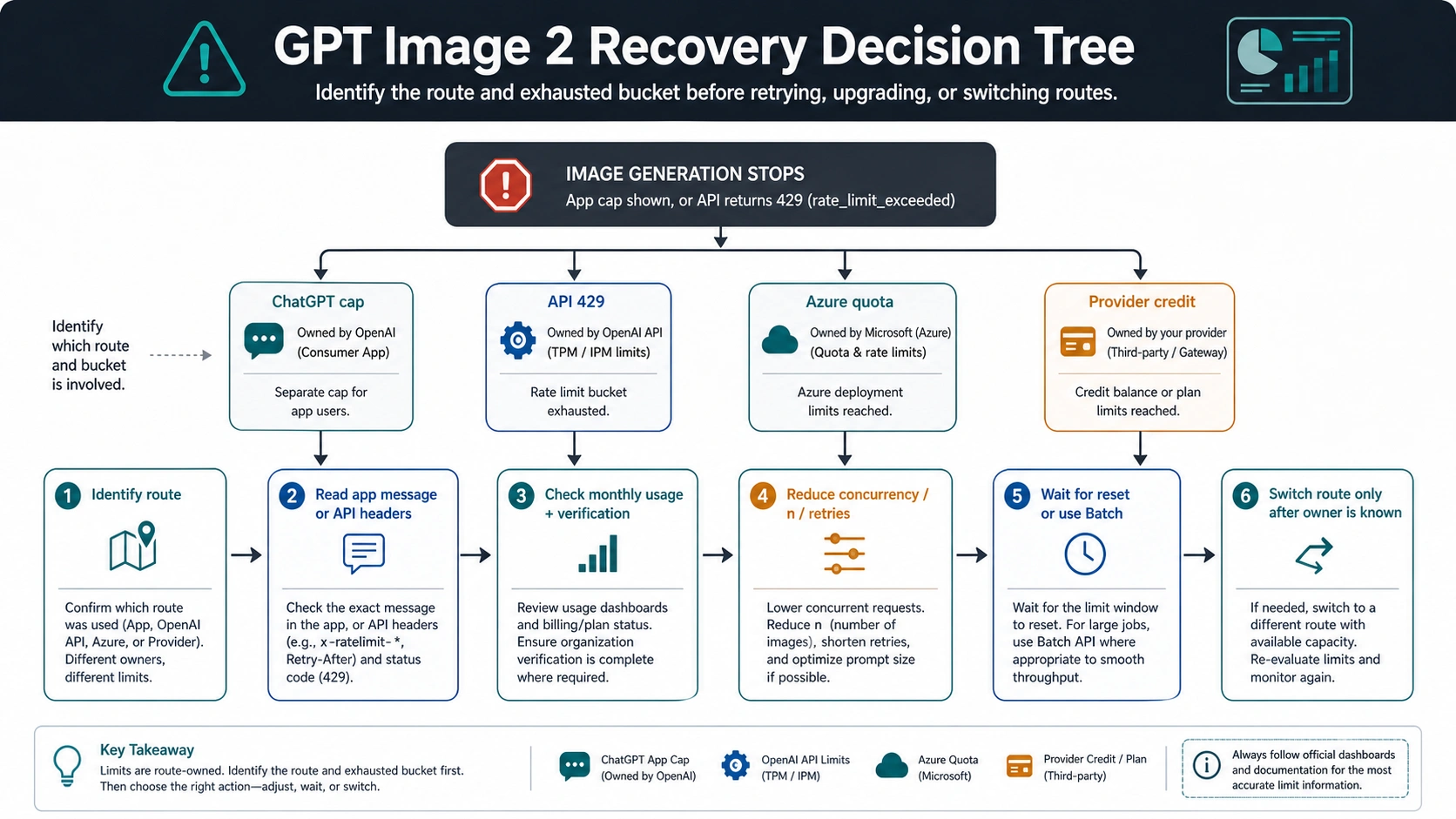 GPT Image 2 limit recovery tree for ChatGPT caps API 429 monthly usage and provider quotas