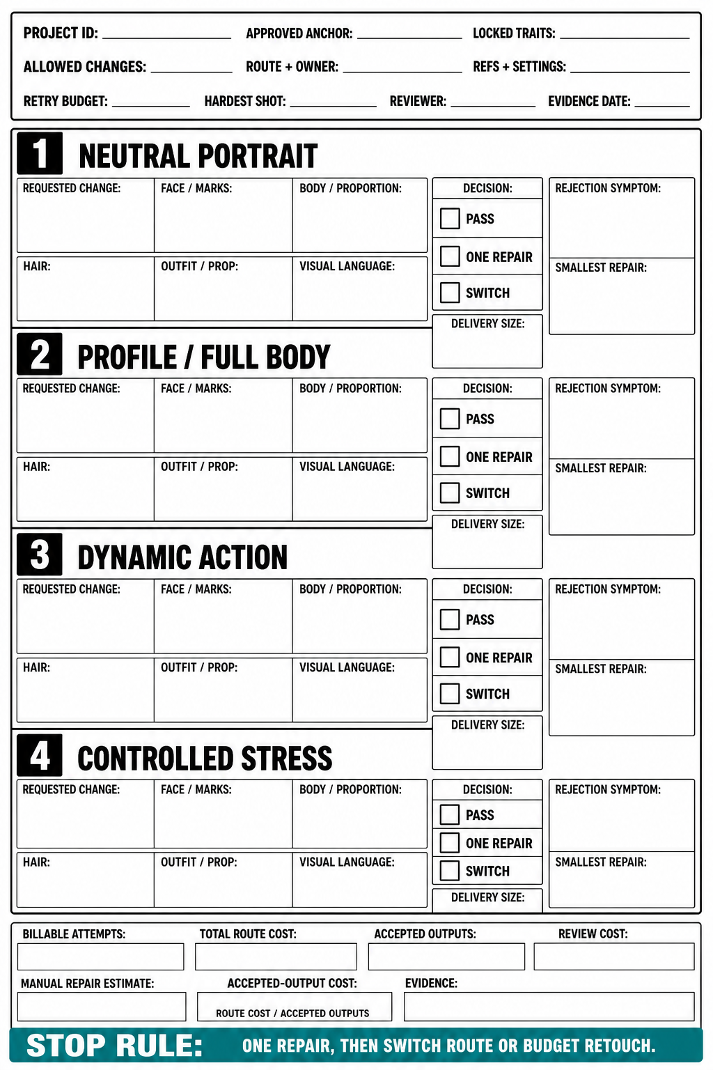 Blank four-shot character-consistency proof card for comparing Nano Banana Pro and GPT Image 2