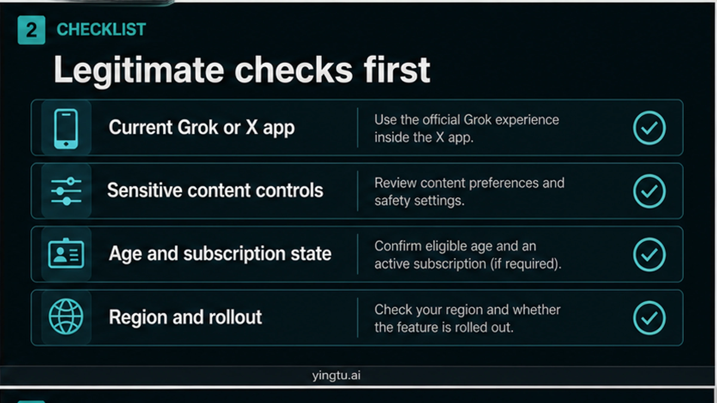 Checklist for legitimate Grok Imagine Spicy Mode access checks across app, content controls, age, subscription, and region