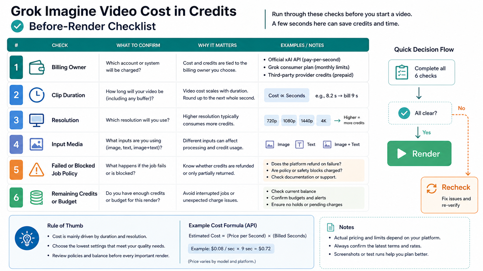 Before-render checklist for Grok Imagine Video billing owner, duration, resolution, input media, and credit balance