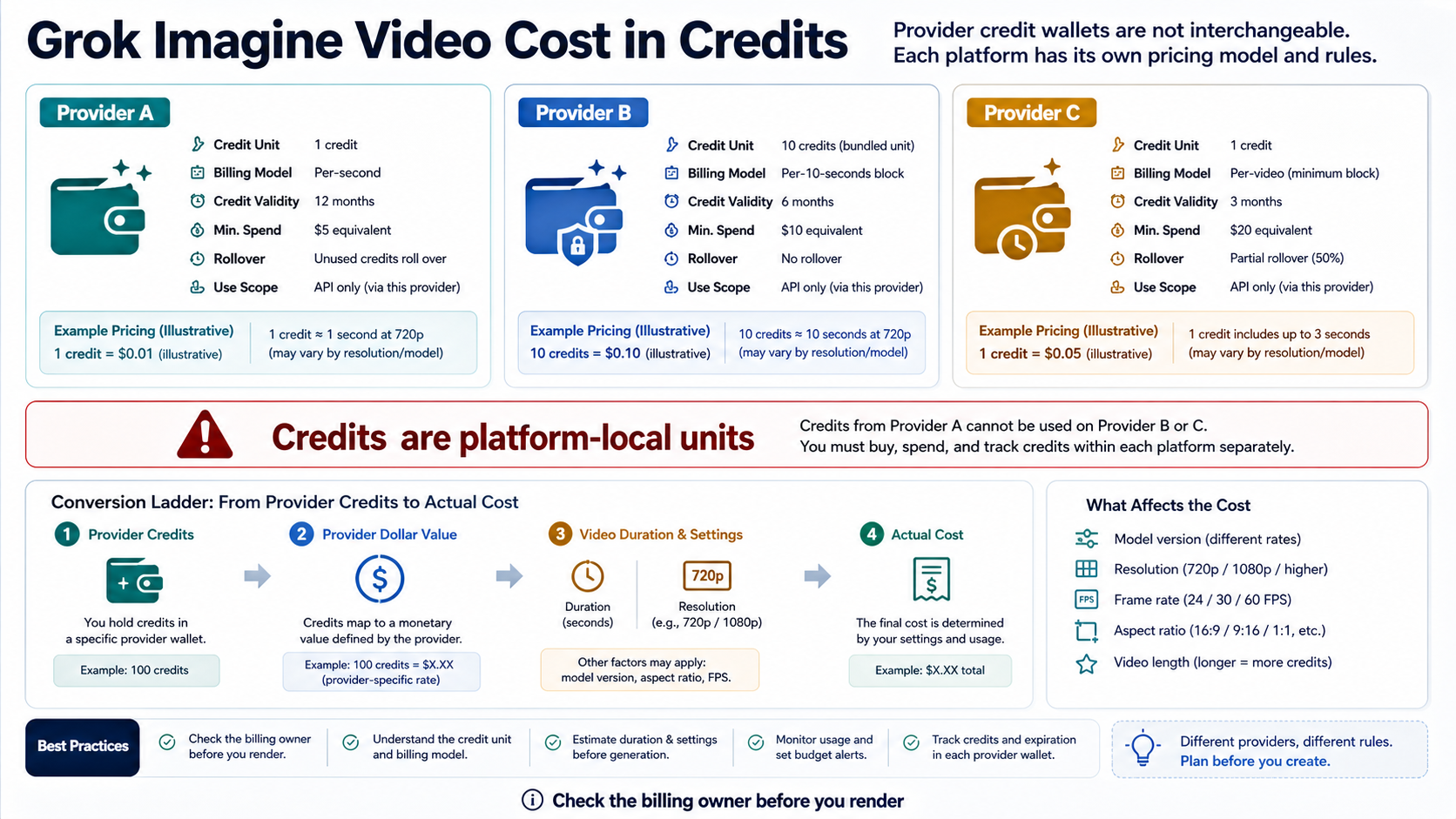 Provider credit wallet comparison showing platform-local Grok Imagine Video credit rules