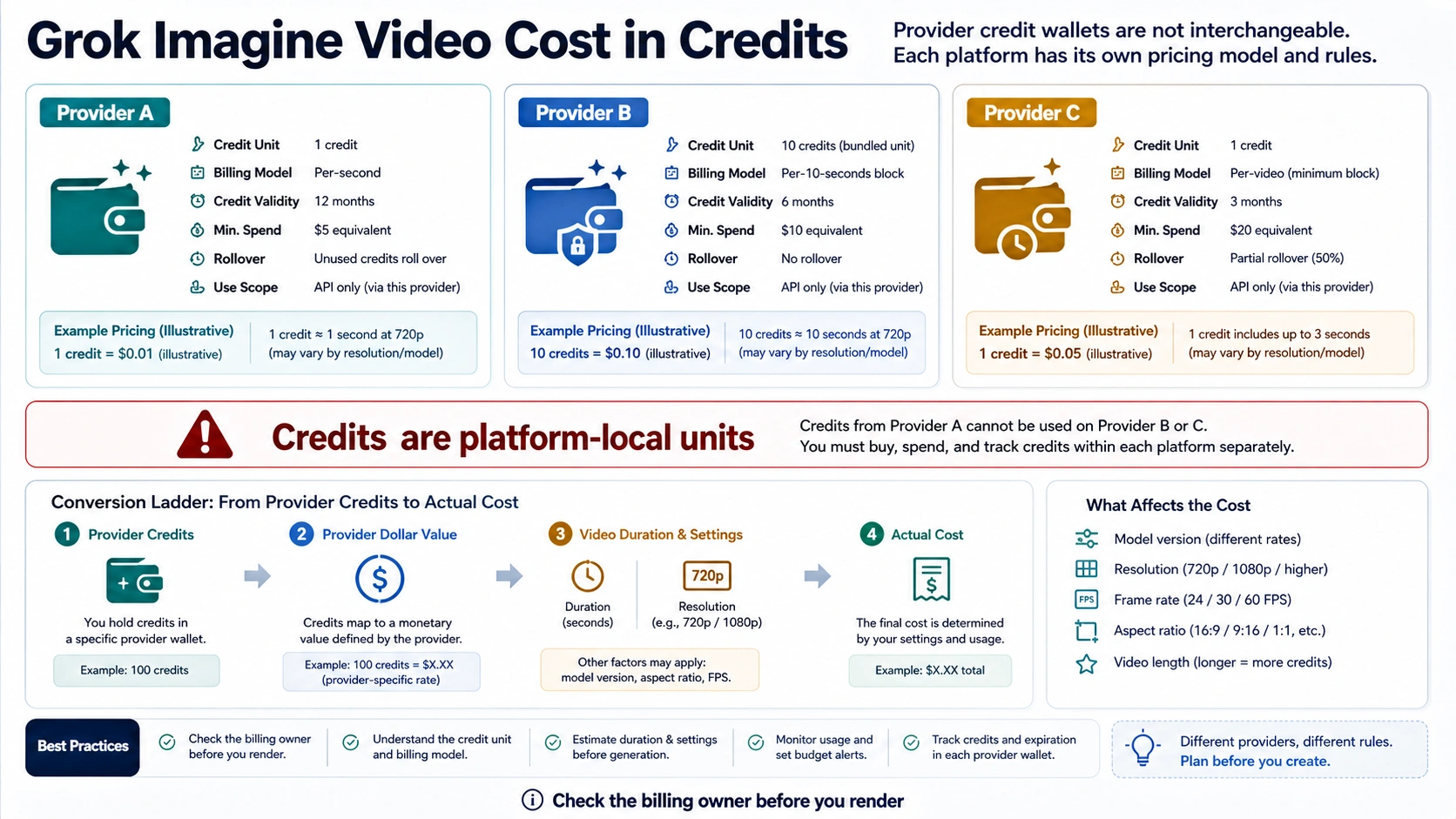 Provider credit wallet comparison showing platform-local Grok Imagine Video credit rules