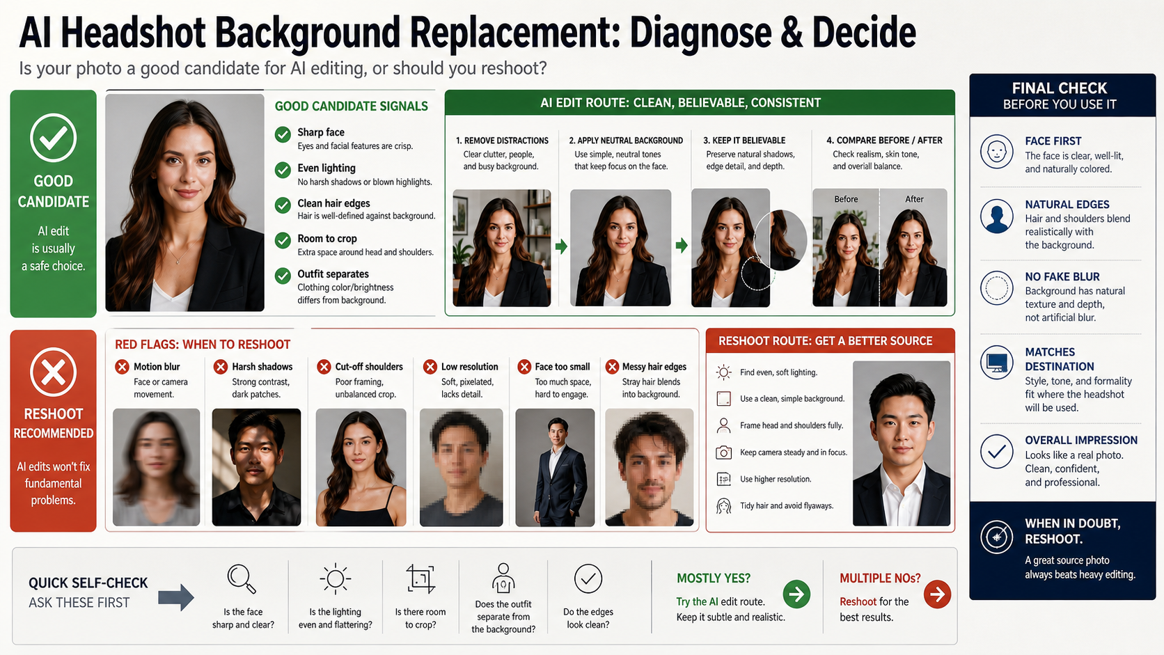 AI headshot background replacement workflow showing good candidate signals edit route reshoot route and final checks