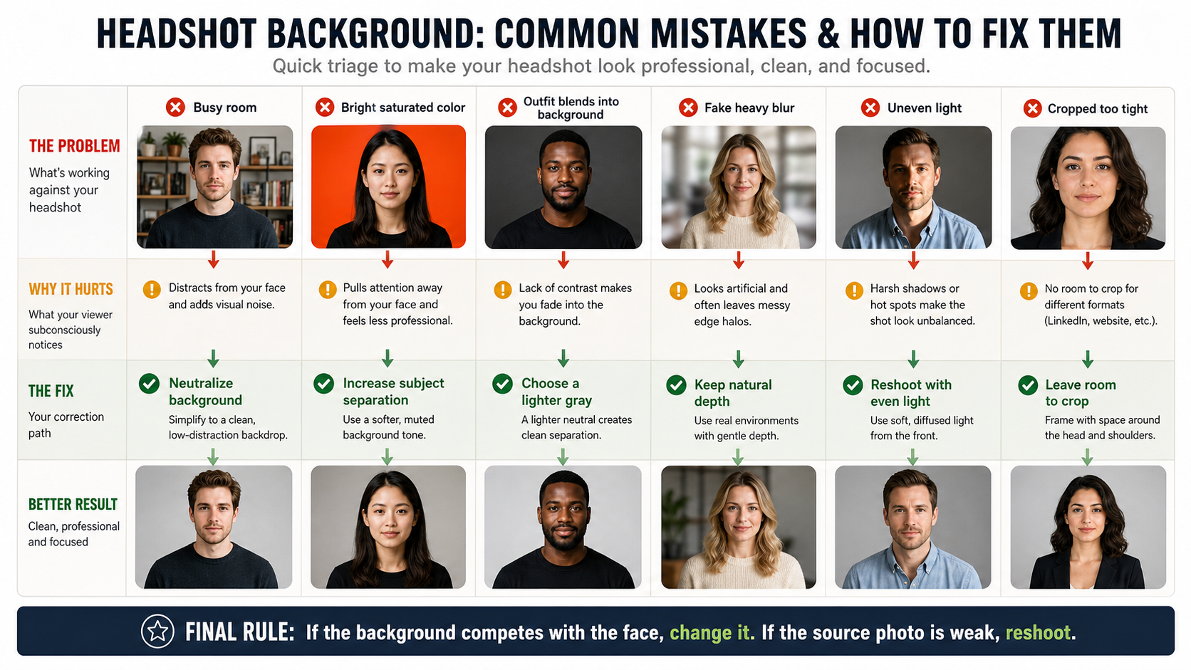 Headshot background mistake triage board showing common problems why they hurt and how to fix them