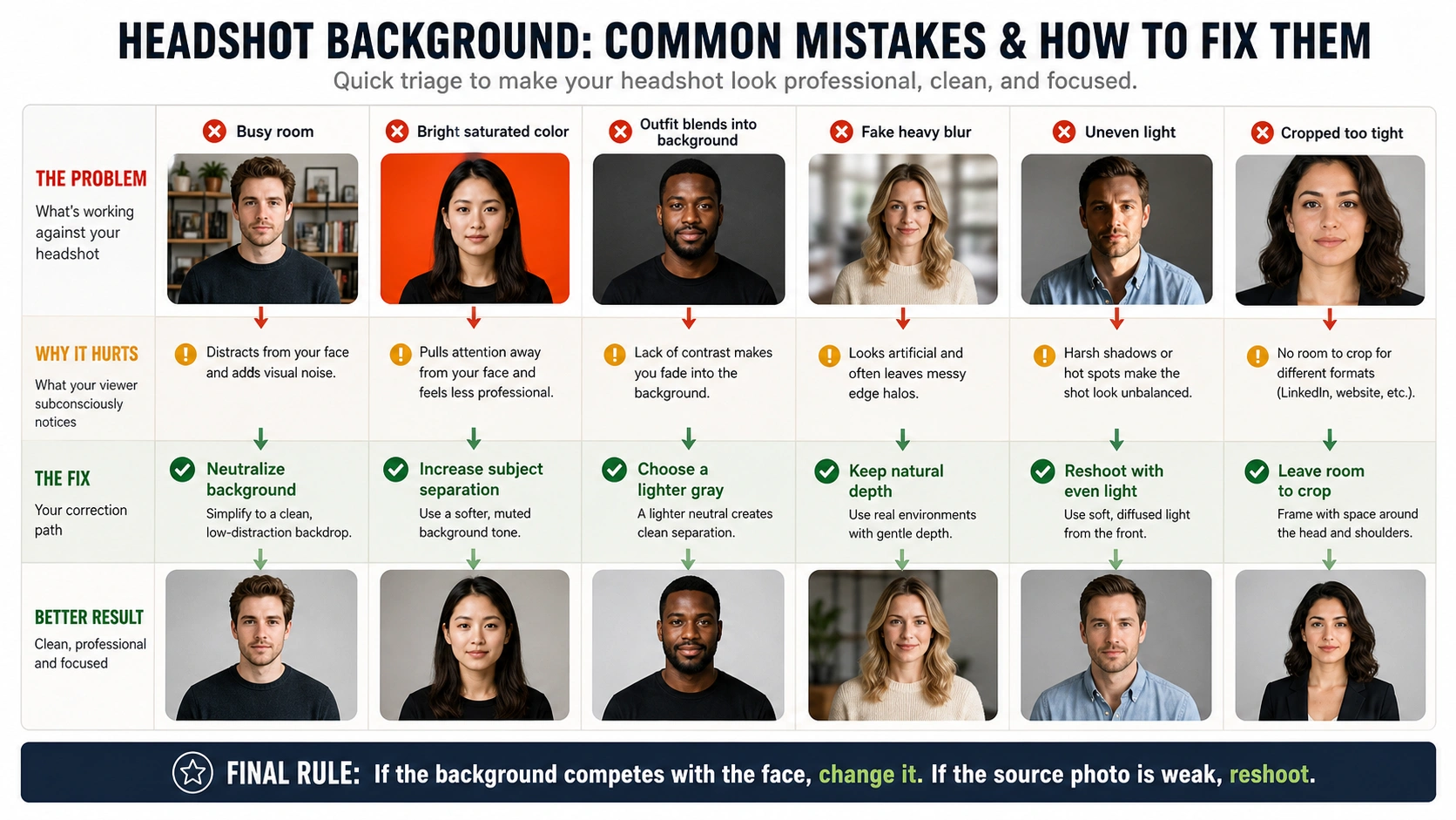 Headshot background mistake triage board showing common problems why they hurt and how to fix them