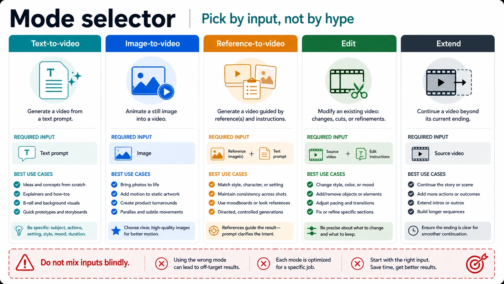 Mode selector for Grok/xAI video workflows covering text-to-video, image-to-video, references, edit, and extend