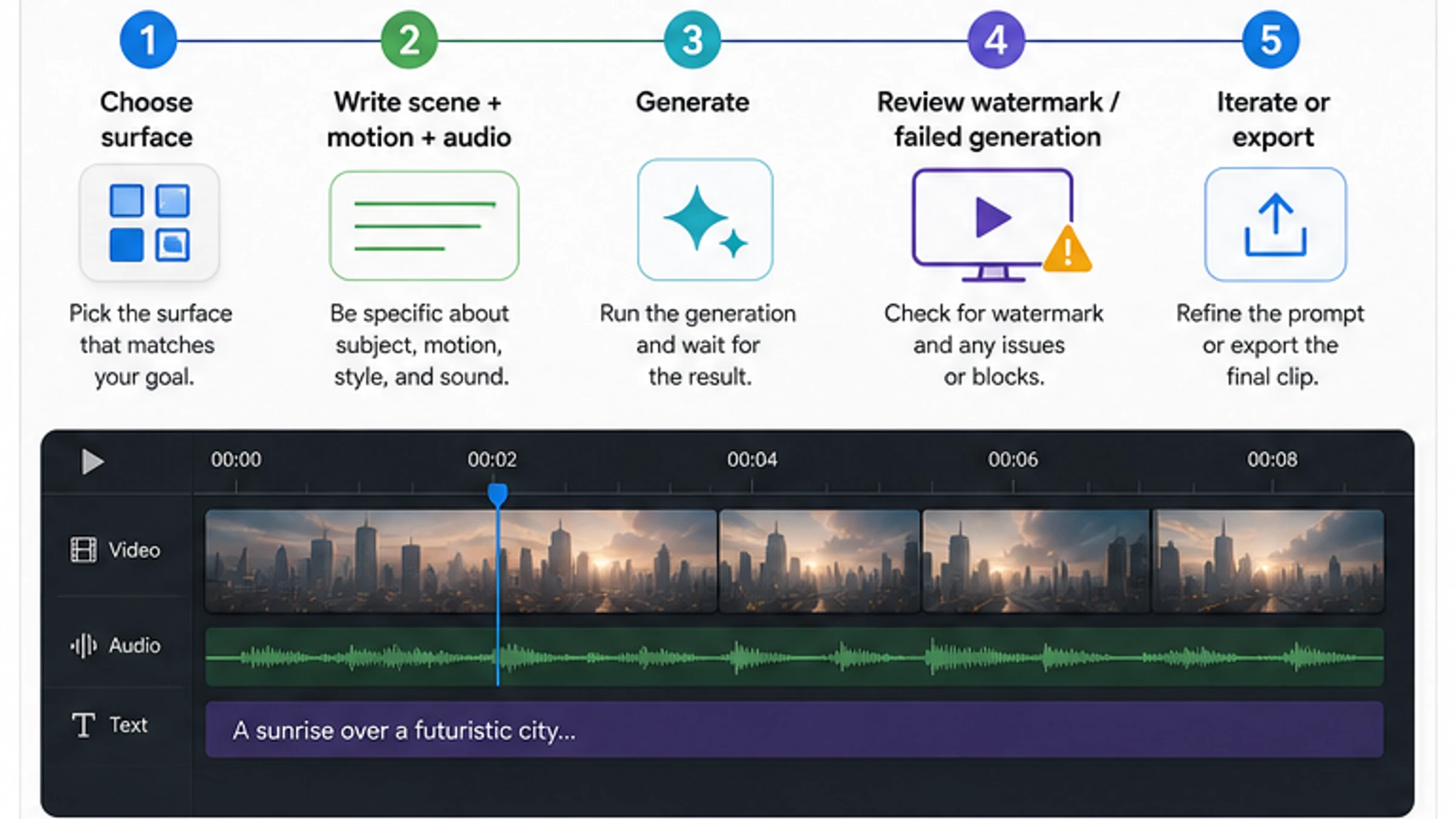 Five-step first clip workflow from choosing a surface through prompting generation review iteration and export