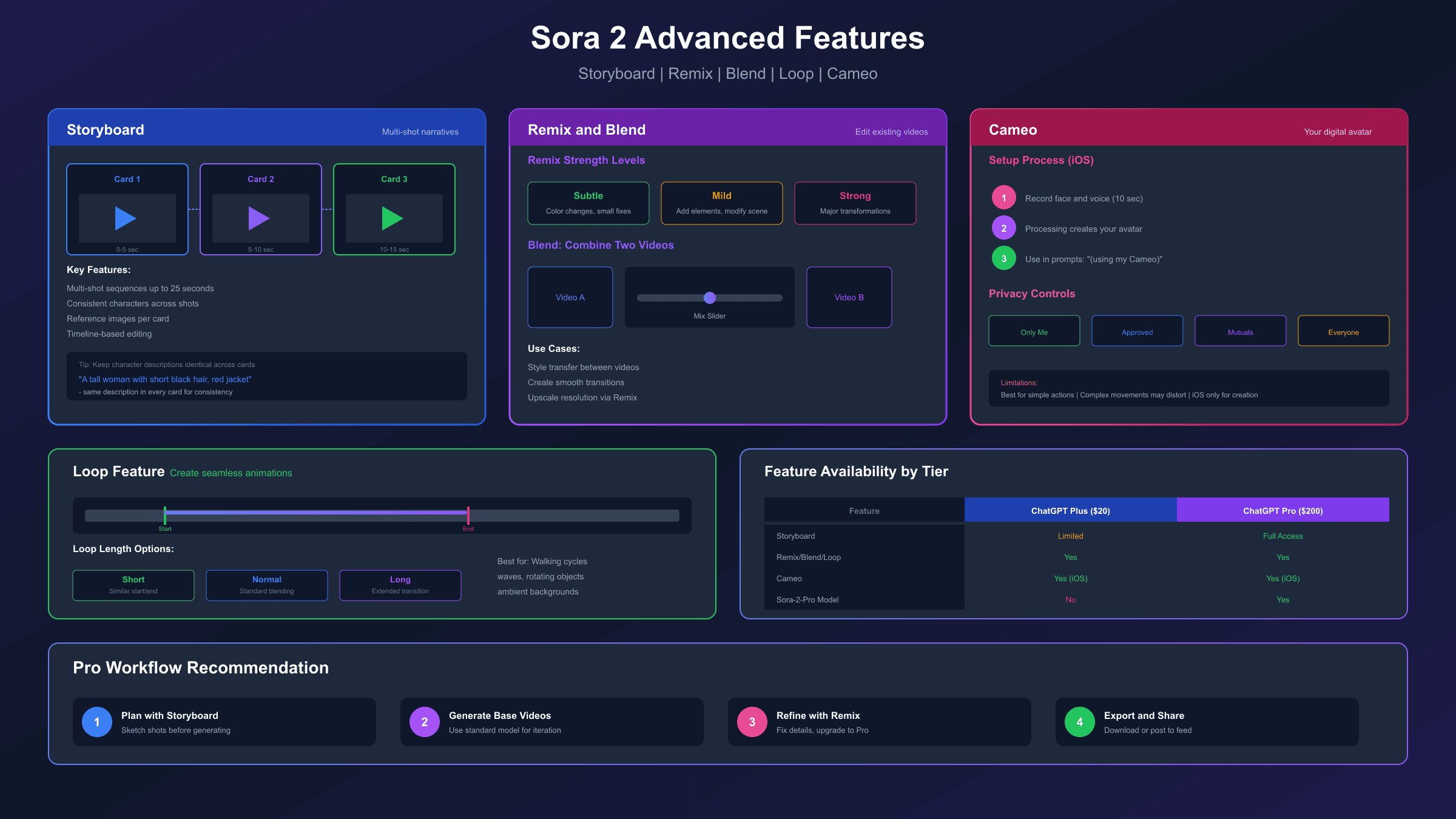 Sora 2 advanced features guide showing Storyboard, Remix, and Cameo functionality