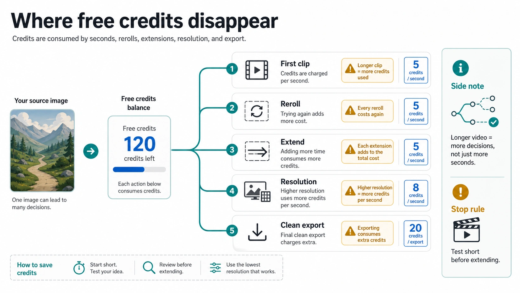 Credit burn map showing how first clip, reroll, extension, resolution, and clean export consume free image-to-video credits