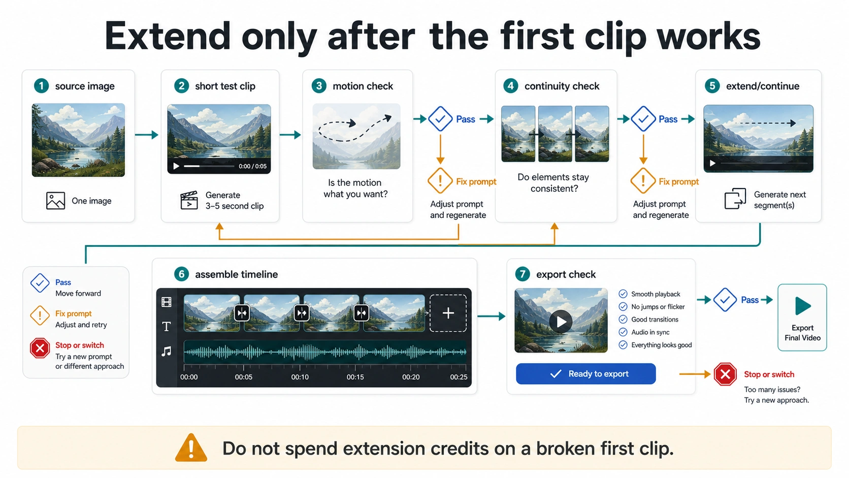 Workflow for testing a first image-to-video clip, checking motion and continuity, extending, assembling a timeline, and deciding when to stop