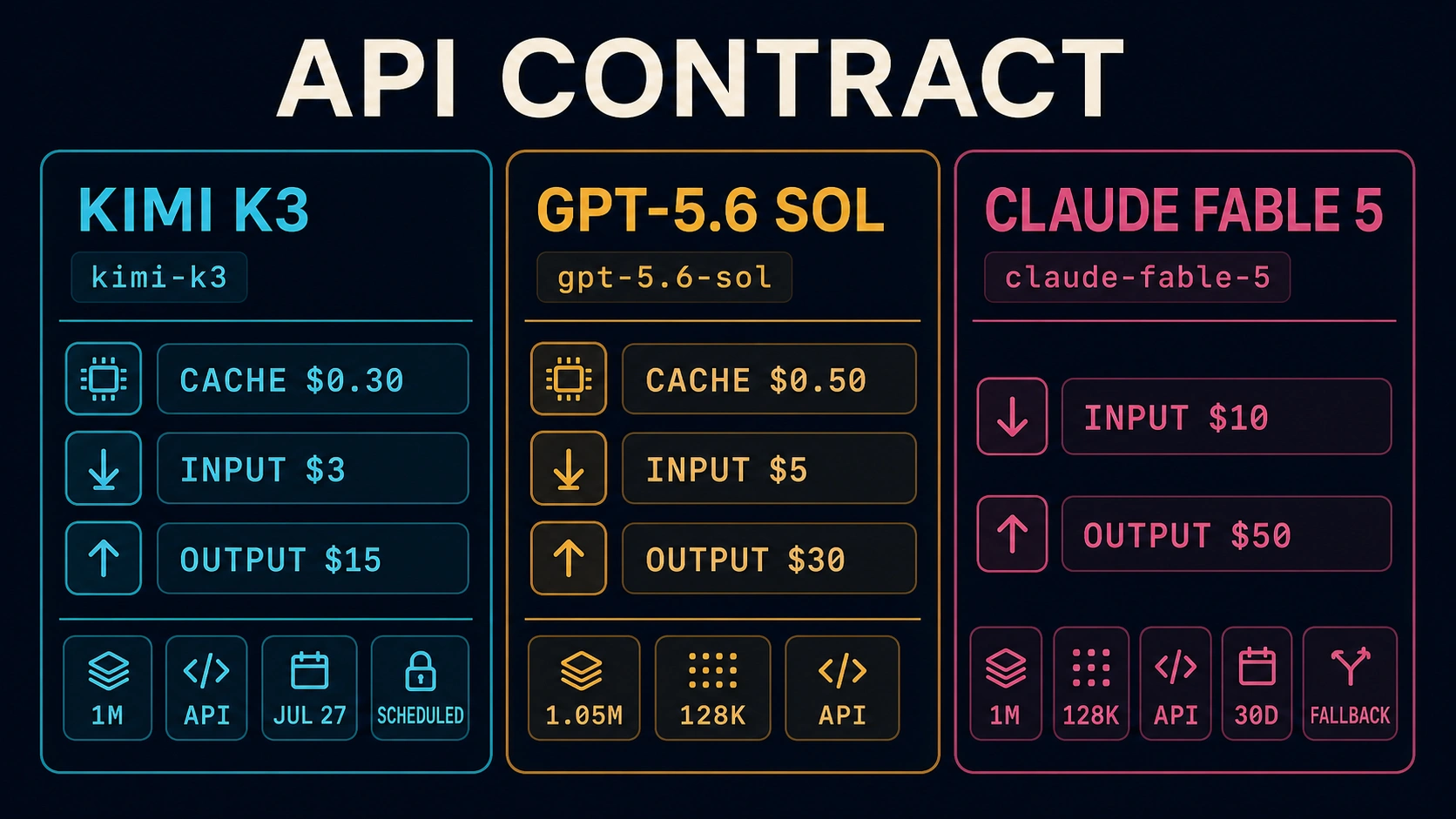 Current API contract board for Kimi K3, GPT-5.6 Sol, and Claude Fable 5