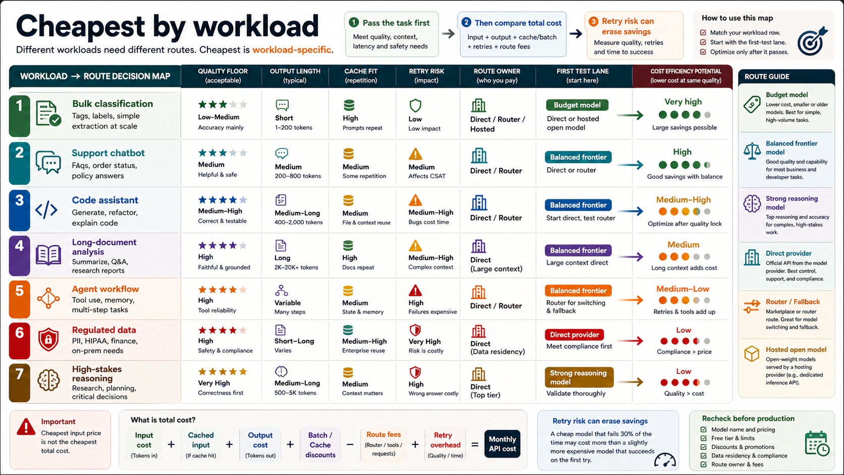 Workload route map showing first-test candidates and stop rules for bulk, chat, coding, long-context, regulated, and batch workloads