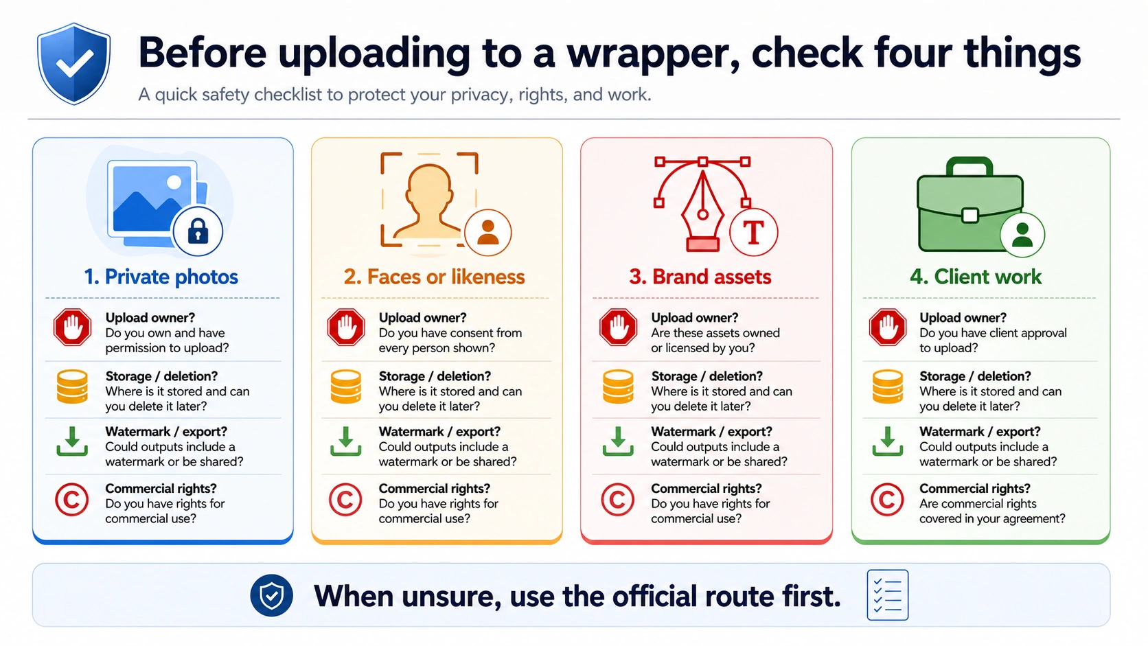Checklist for private photos, faces, brand assets, and client work before uploading to a Gemini wrapper site