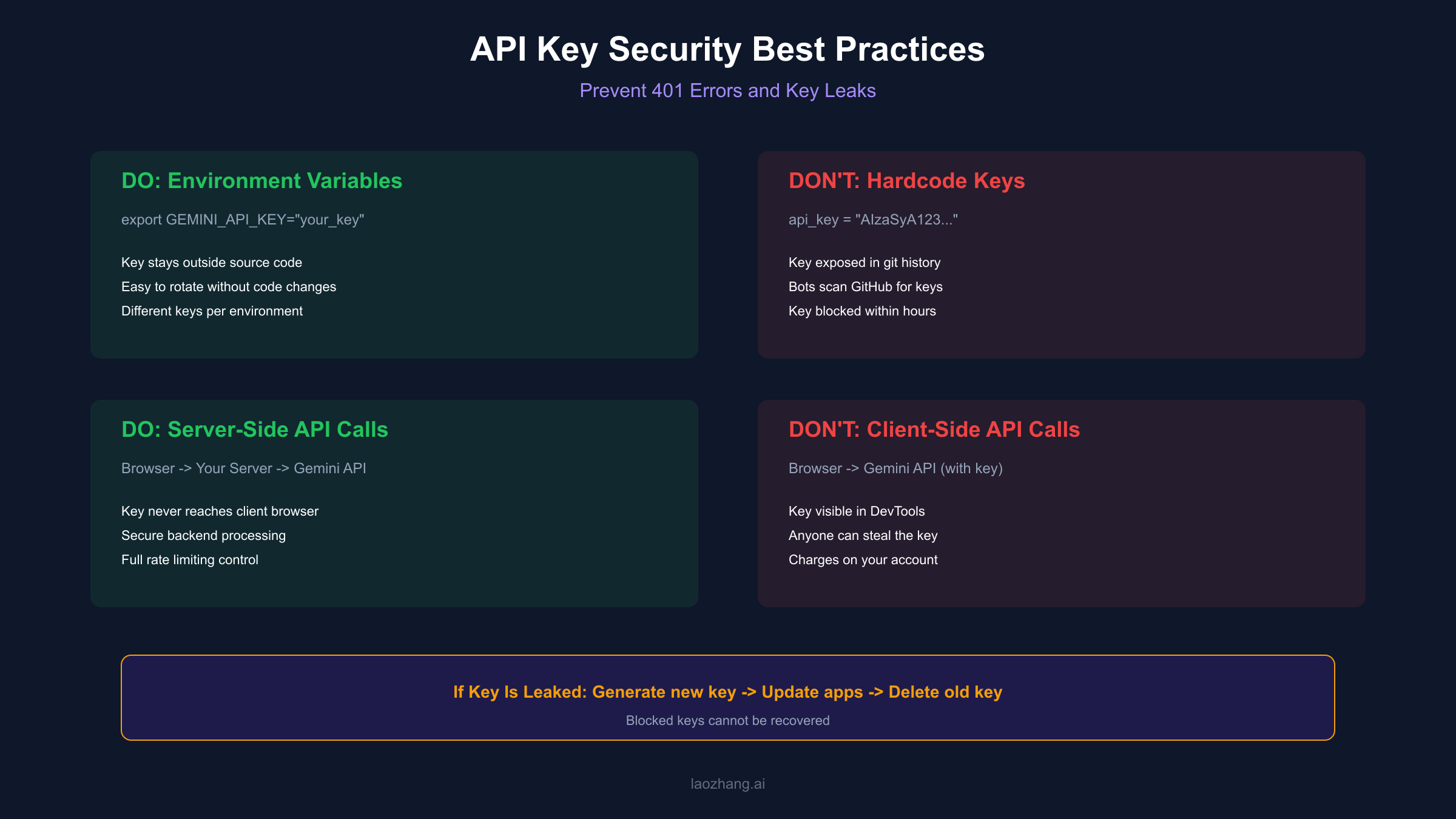 API Key Security Best Practices - Environment variables, server-side calls, and restriction guidelines