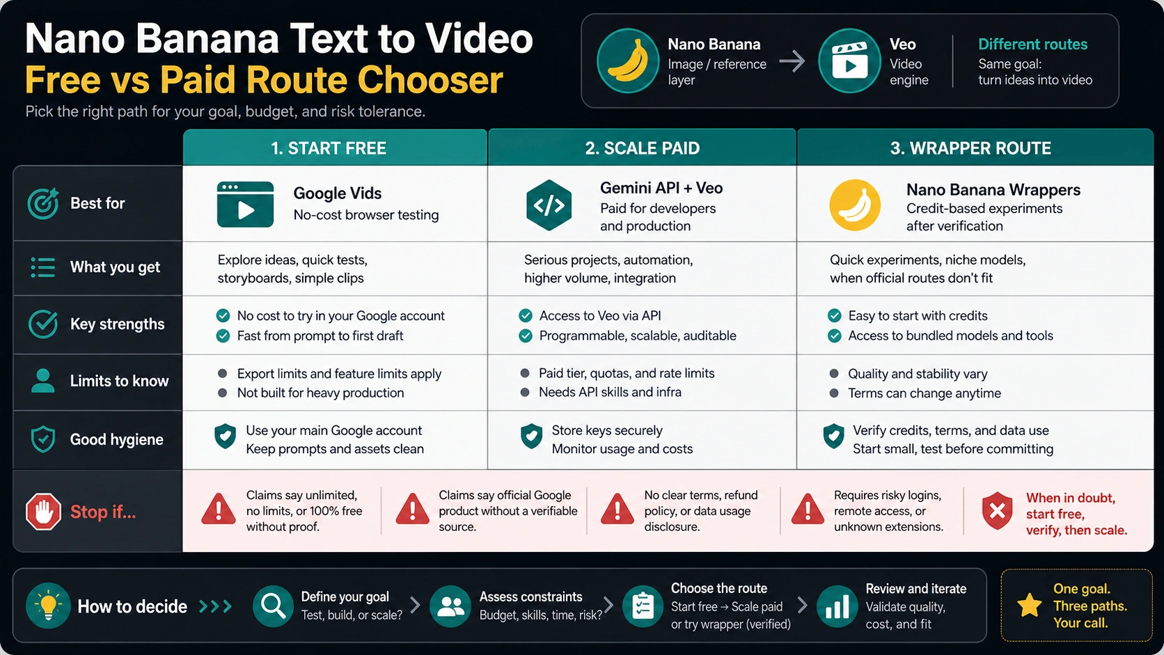 Free and paid route chooser for Nano Banana video searches