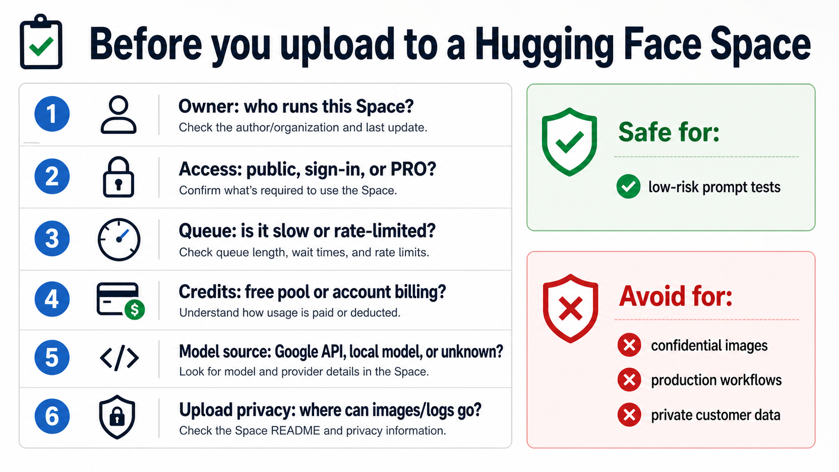 Checklist for auditing a Hugging Face Space before uploading images to try Nano Banana online