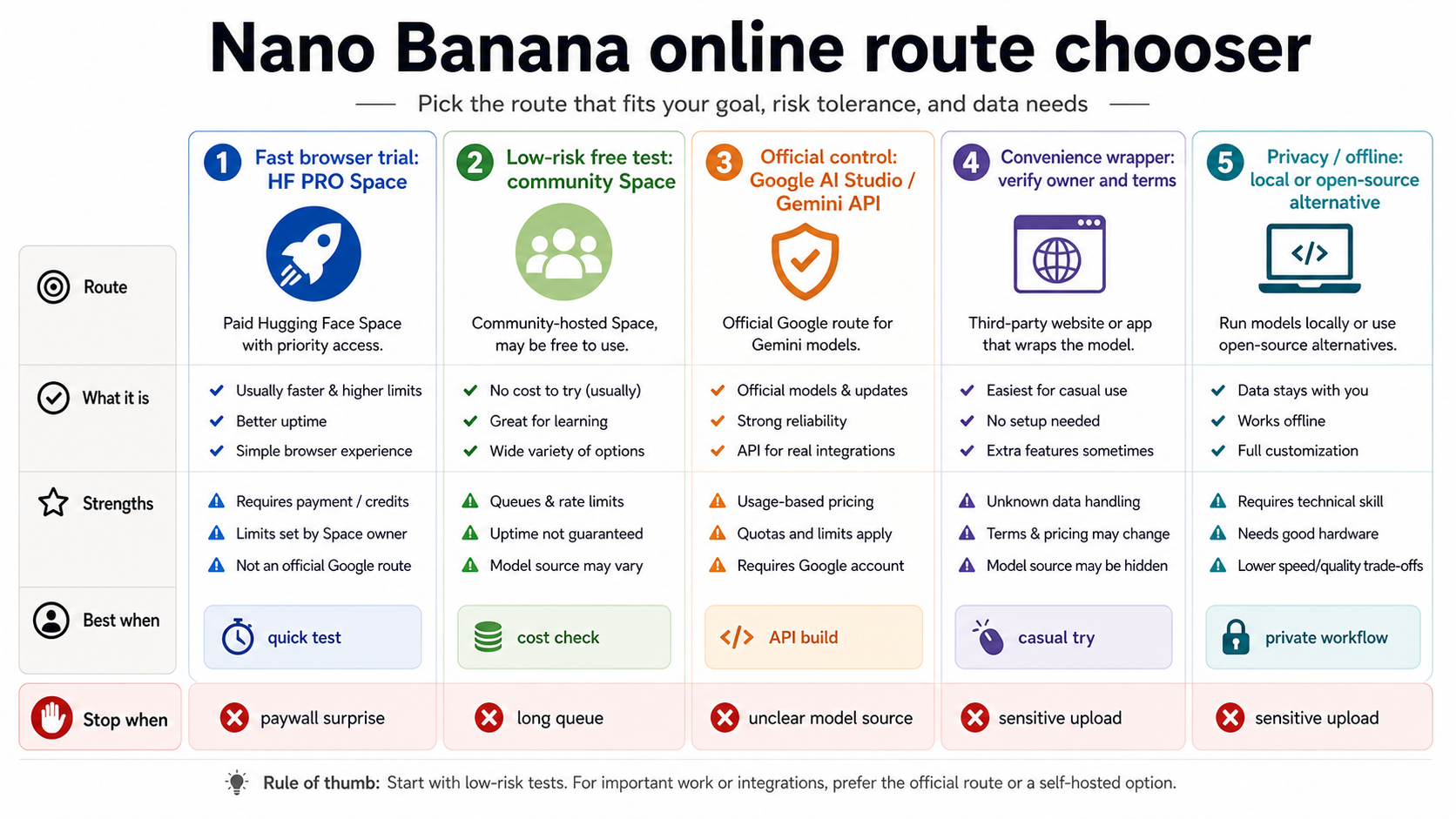 Nano Banana online route chooser comparing HF PRO Space, community Space, official Google route, wrapper site, and local option