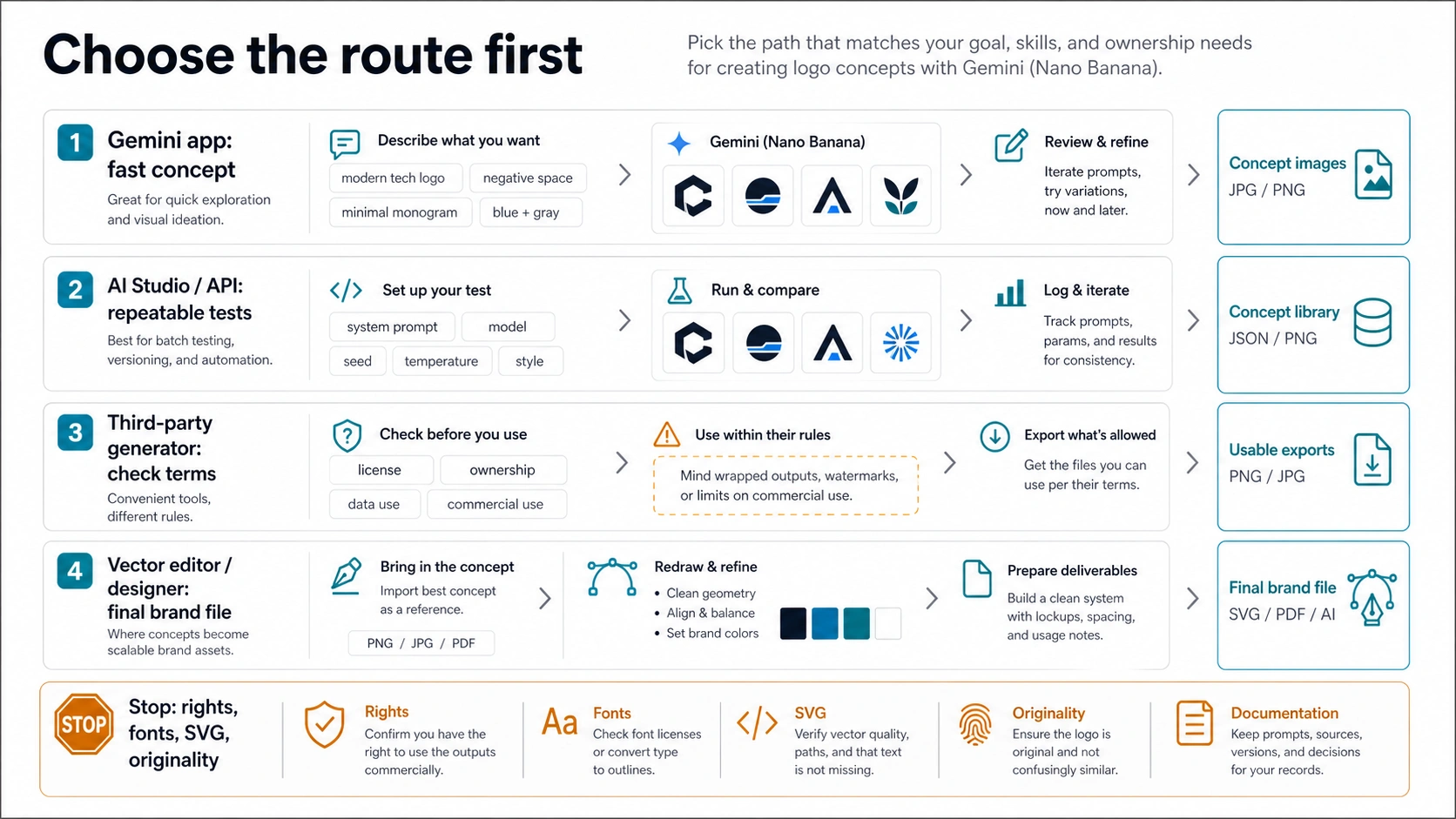 Route board for choosing the right Nano Banana logo concept workflow
