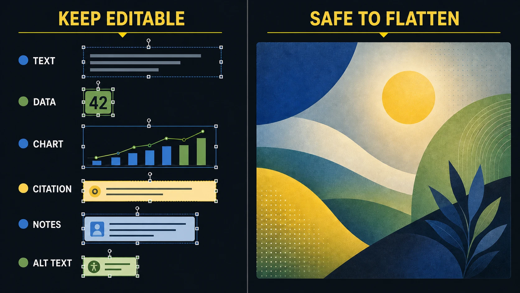 Editable presentation layers for text, data, charts, citations, notes, and accessibility compared with a safely flattened decorative visual