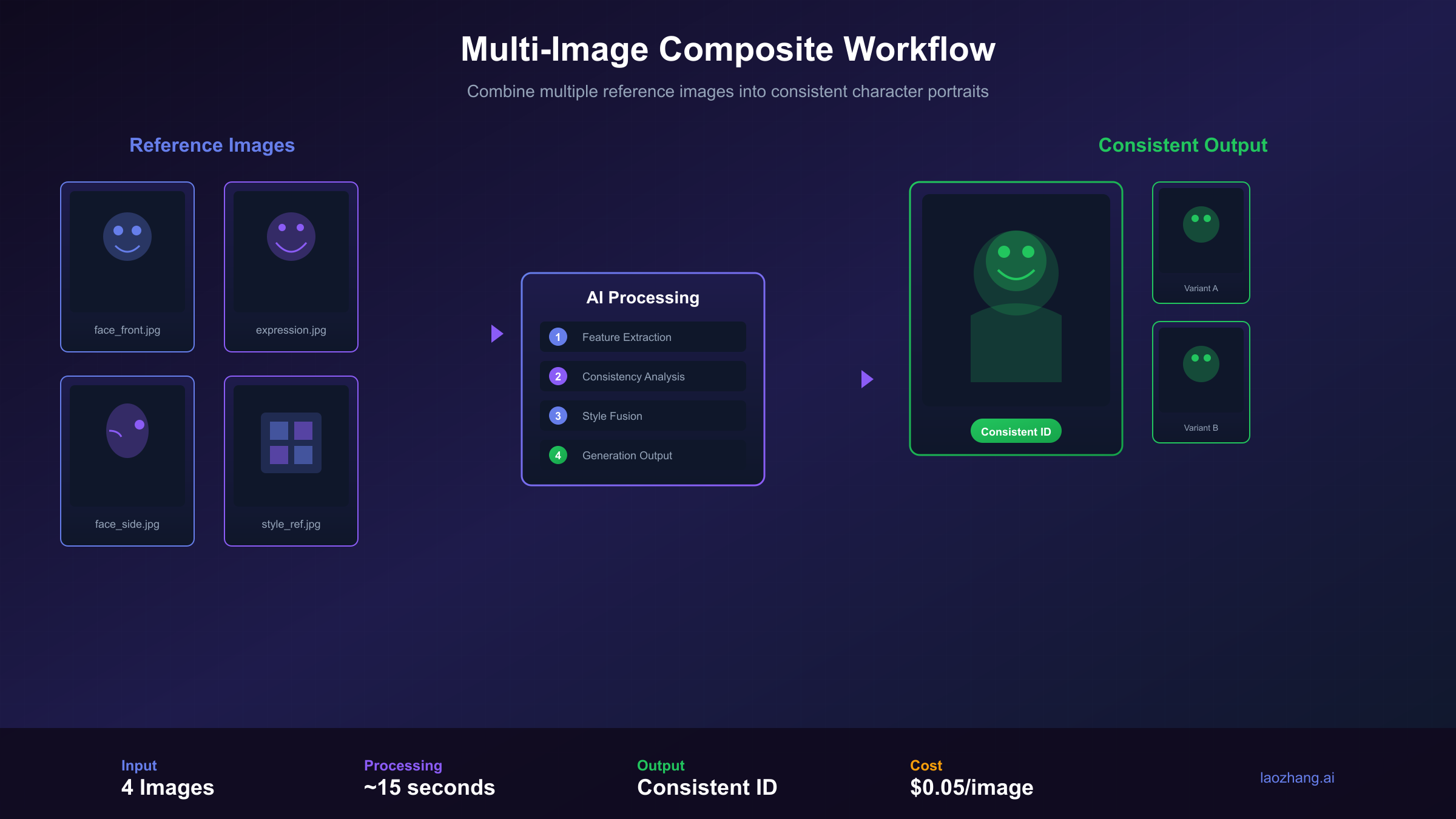 Multi-image composition workflow showing reference images combined into consistent character scenes