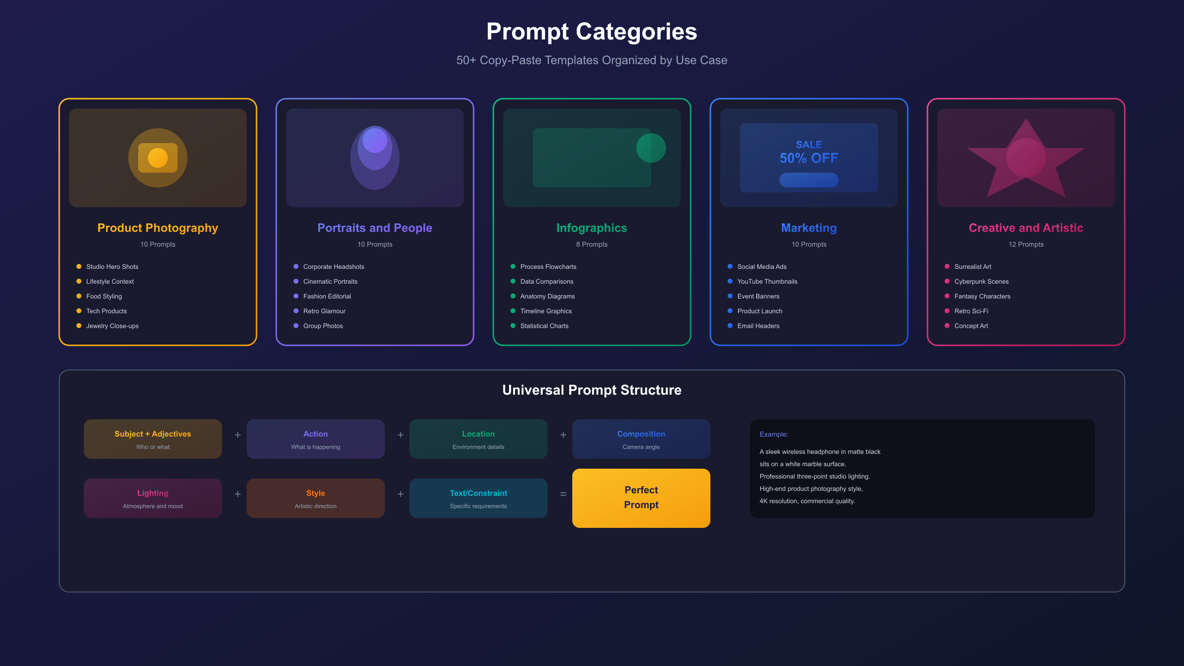 Nano Banana Pro prompt categories including product photography, portraits, infographics, marketing, and creative artistic styles