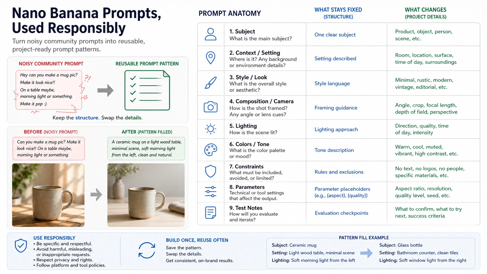 Prompt anatomy board for turning noisy Reddit Nano Banana examples into reusable patterns