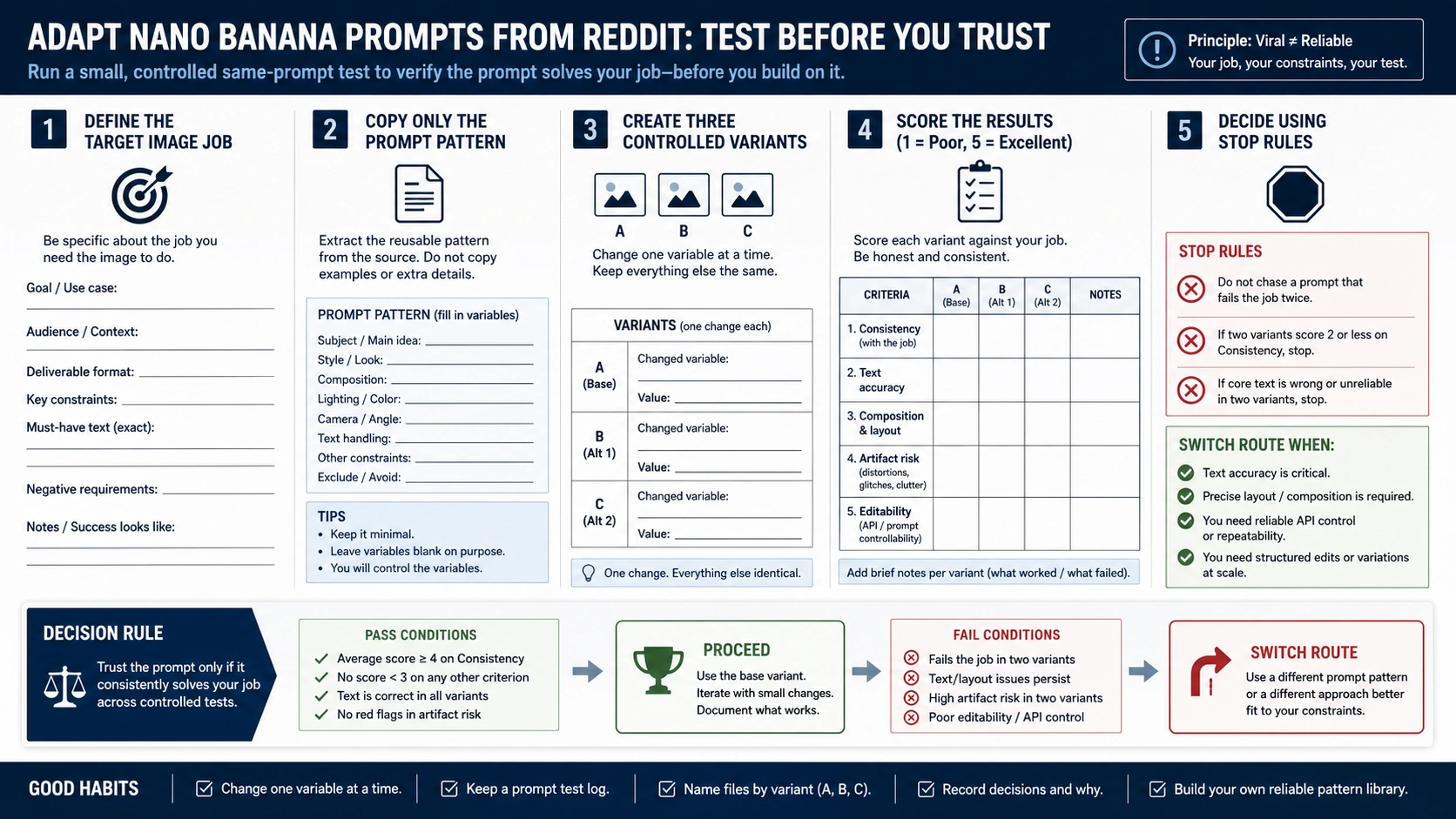 Same-prompt test worksheet for scoring Nano Banana prompt variants before reuse