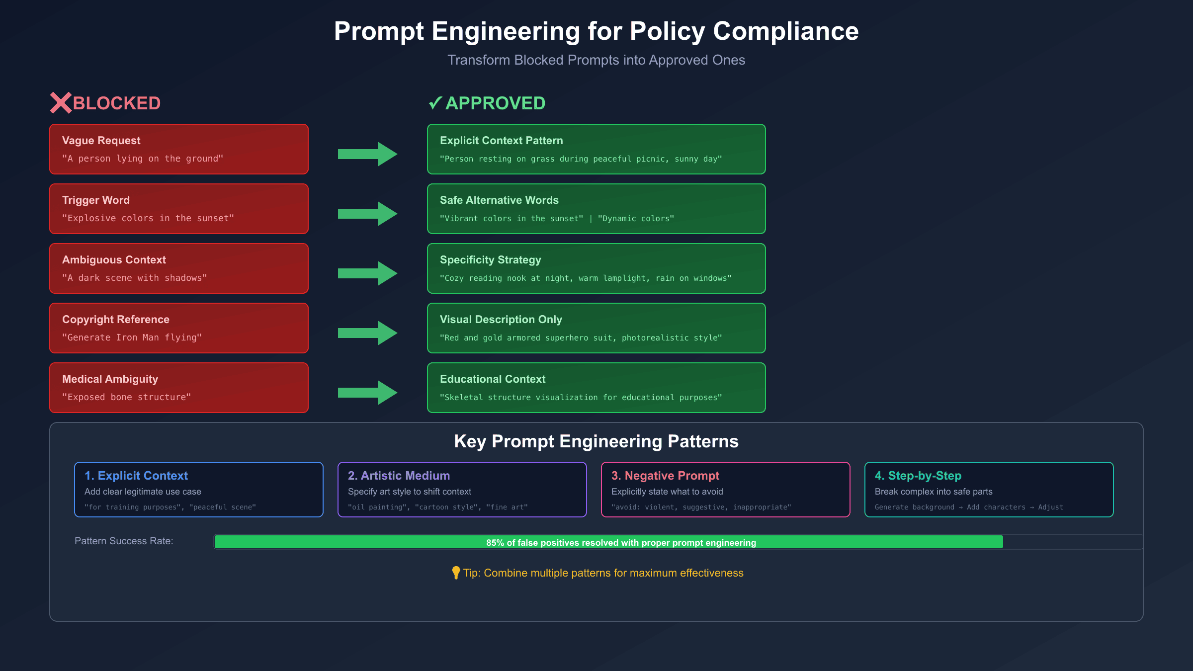 Prompt engineering techniques for avoiding Nano Banana Pro content blocks showing comparison of blocked vs approved prompt patterns