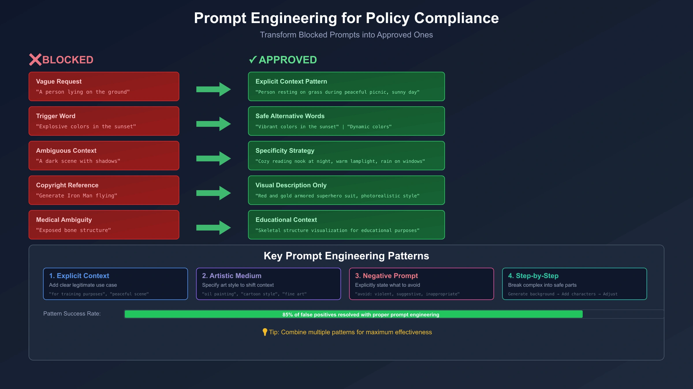 Prompt engineering techniques for avoiding Nano Banana Pro content blocks showing comparison of blocked vs approved prompt patterns
