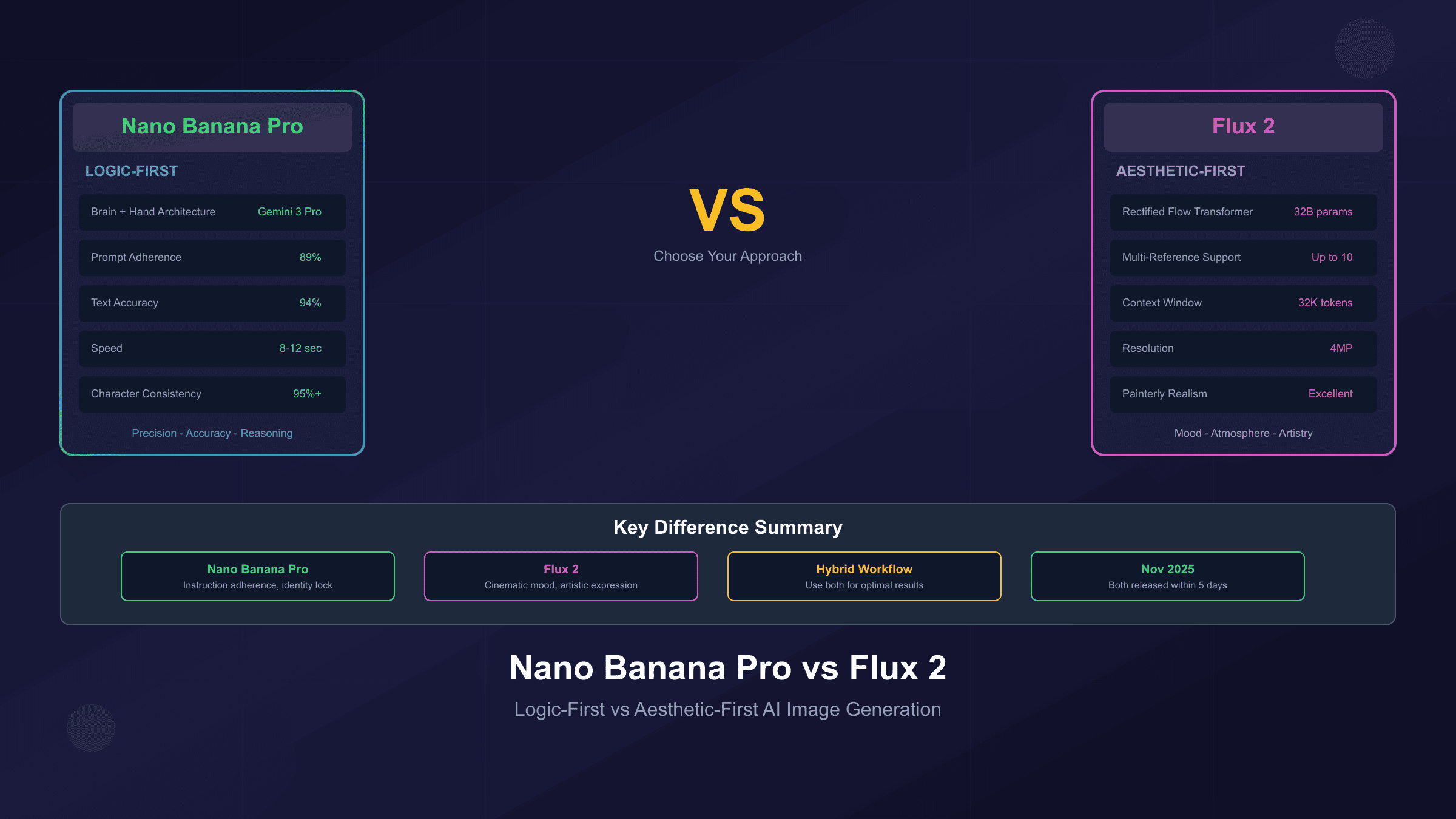 Nano Banana Pro vs Flux 2 architecture comparison showing logic-first vs aesthetic-first approaches with key capabilities
