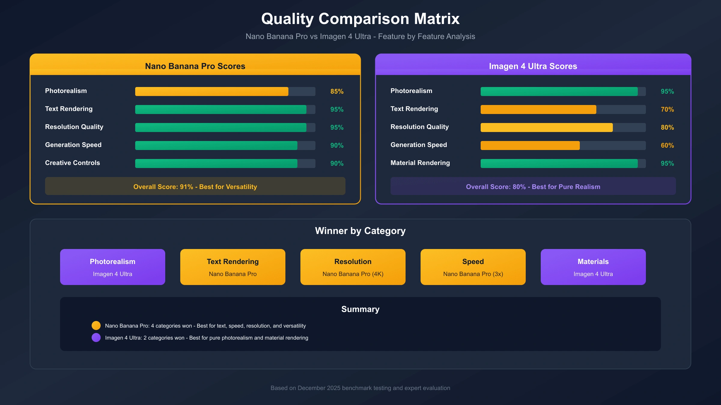 Quality comparison chart showing Nano Banana Pro and Imagen 4 Ultra performance across photorealism, text rendering, and detail accuracy metrics