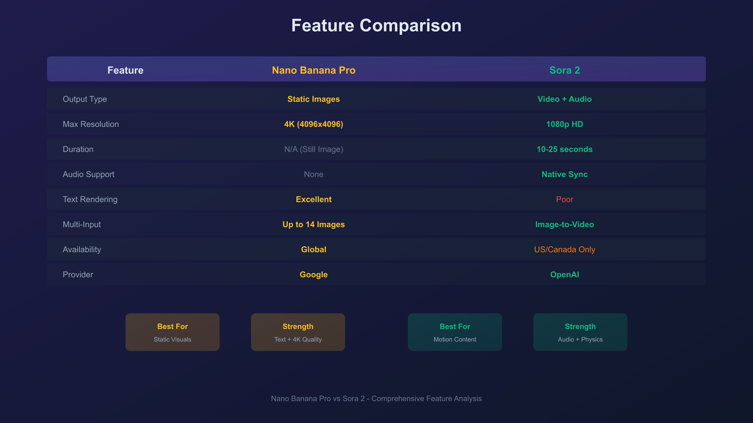 Detailed feature comparison chart showing Nano Banana Pro image capabilities versus Sora 2 video capabilities