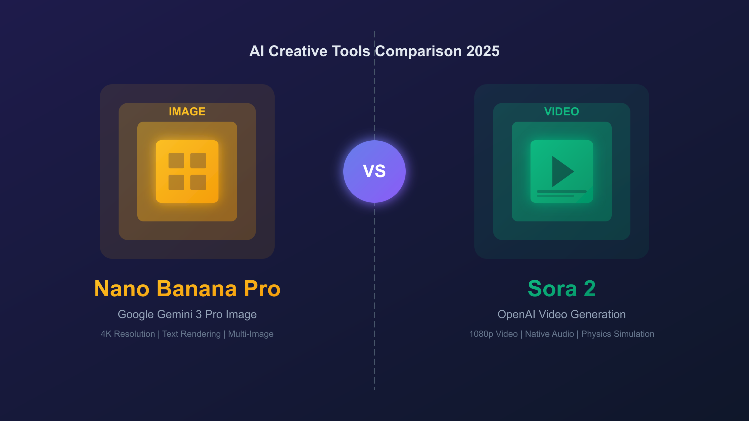 Nano Banana Pro vs Sora 2 comparison showing image generation on the left and video generation on the right with key feature callouts