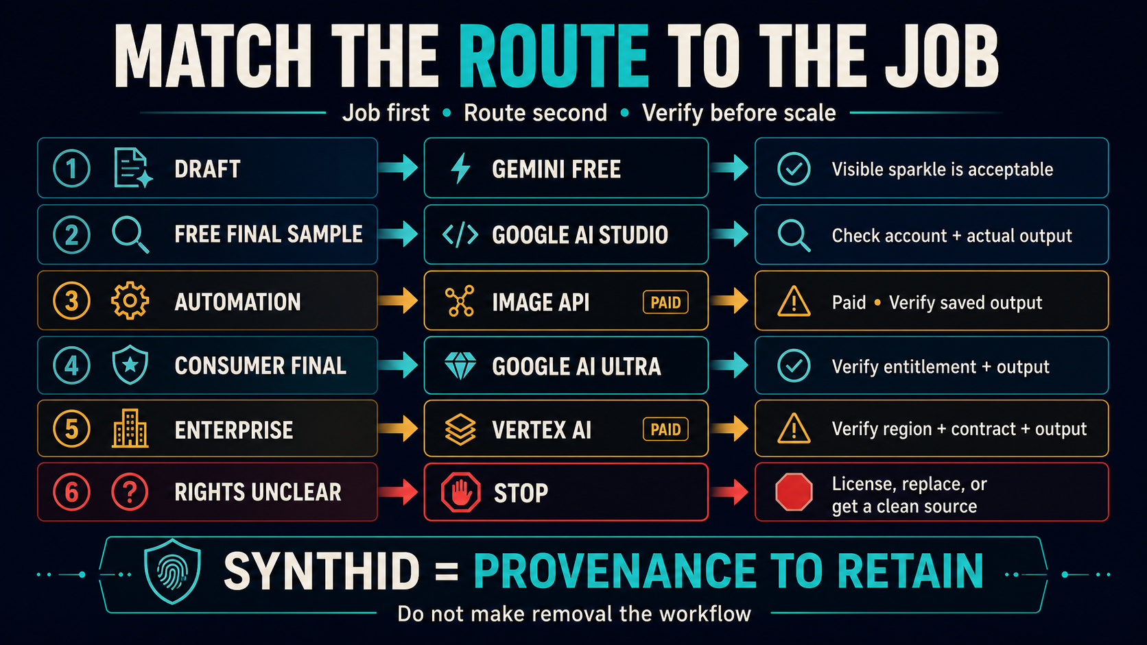 Task-to-route matrix for drafts, final images, API automation, enterprise governance, and rights stop cases