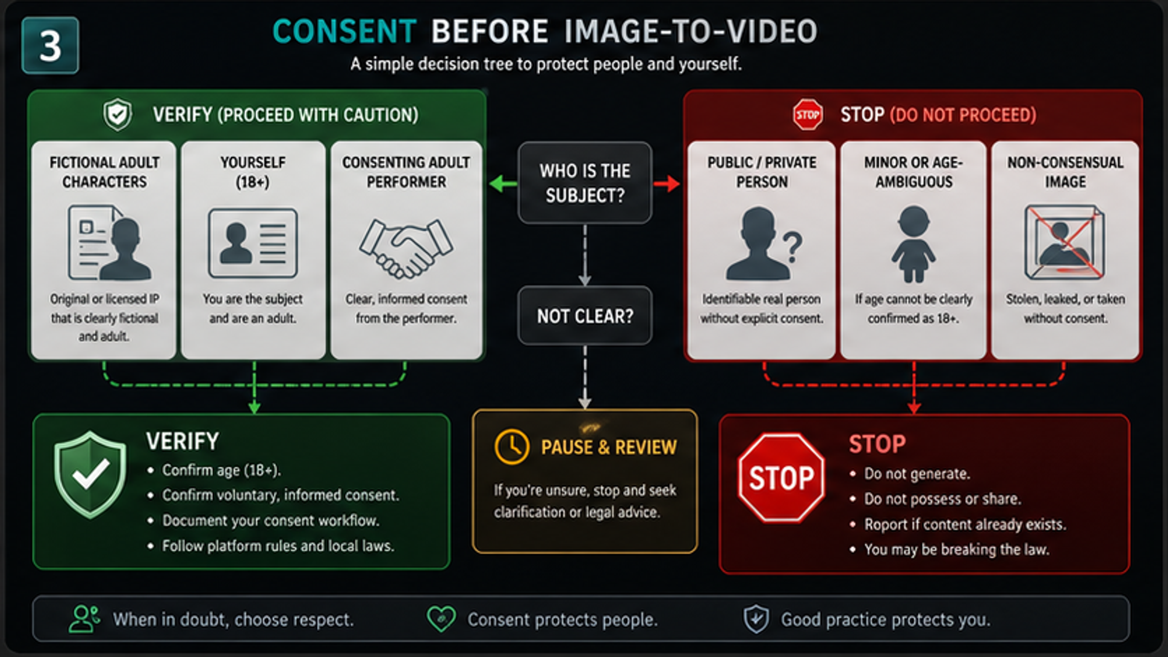 Consent decision tree for image-to-video workflows, showing permitted fictional or self-use cases and stop branches for public figures, minors, and non-consensual images