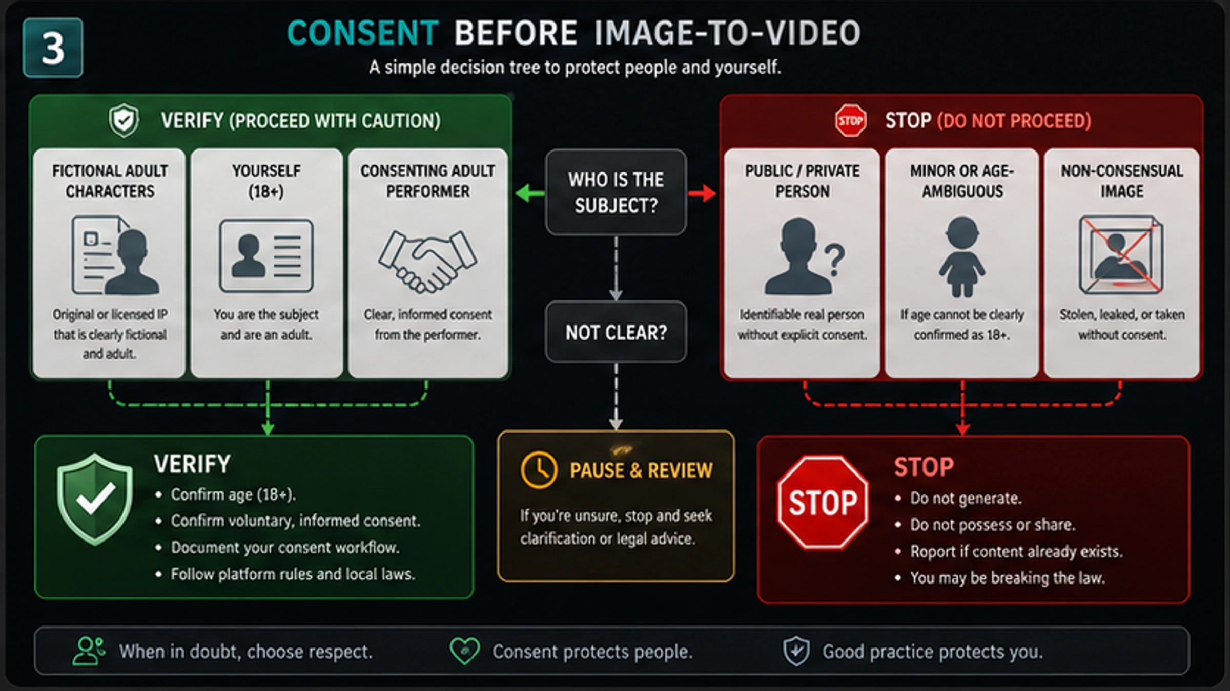 Consent decision tree for image-to-video workflows, showing permitted fictional or self-use cases and stop branches for public figures, minors, and non-consensual images