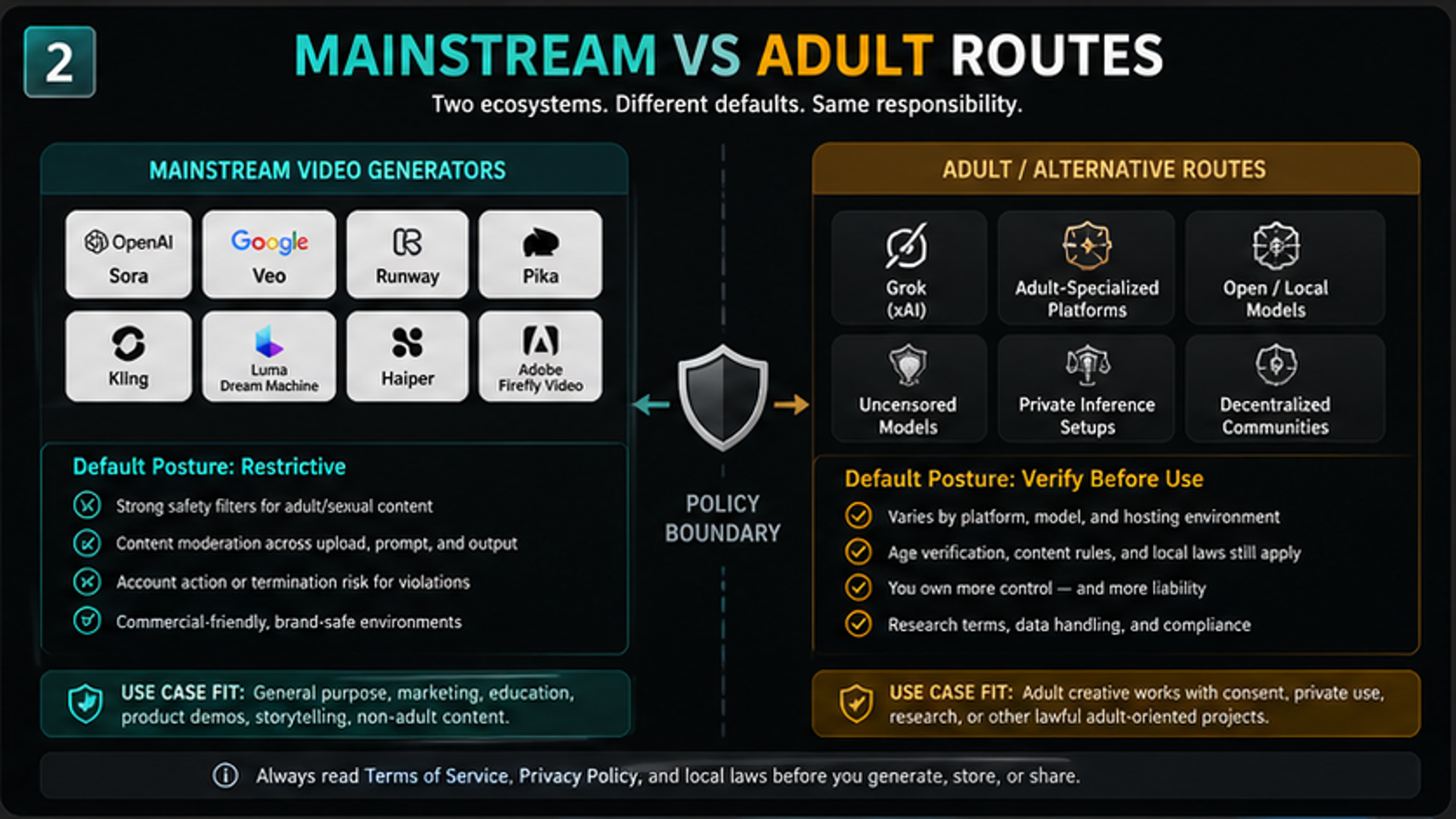 Comparison board separating mainstream AI video generators from adult or alternative NSFW video routes and their policy checks