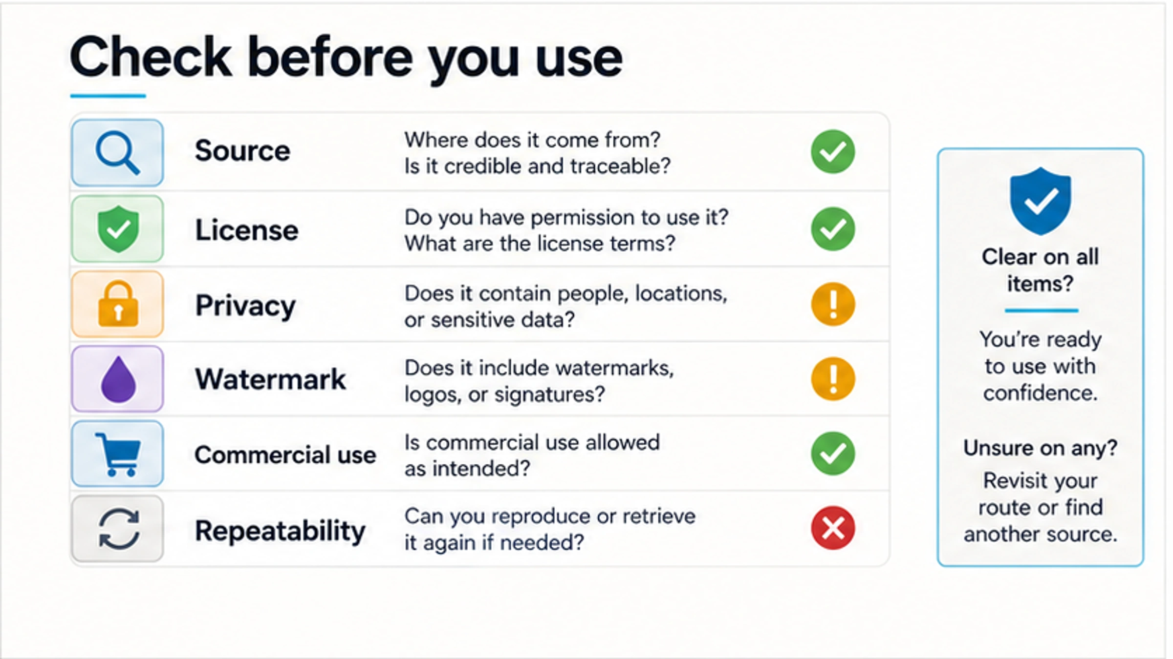 Checklist for verifying source, license, privacy, watermark, commercial use, and repeatability before using a random image