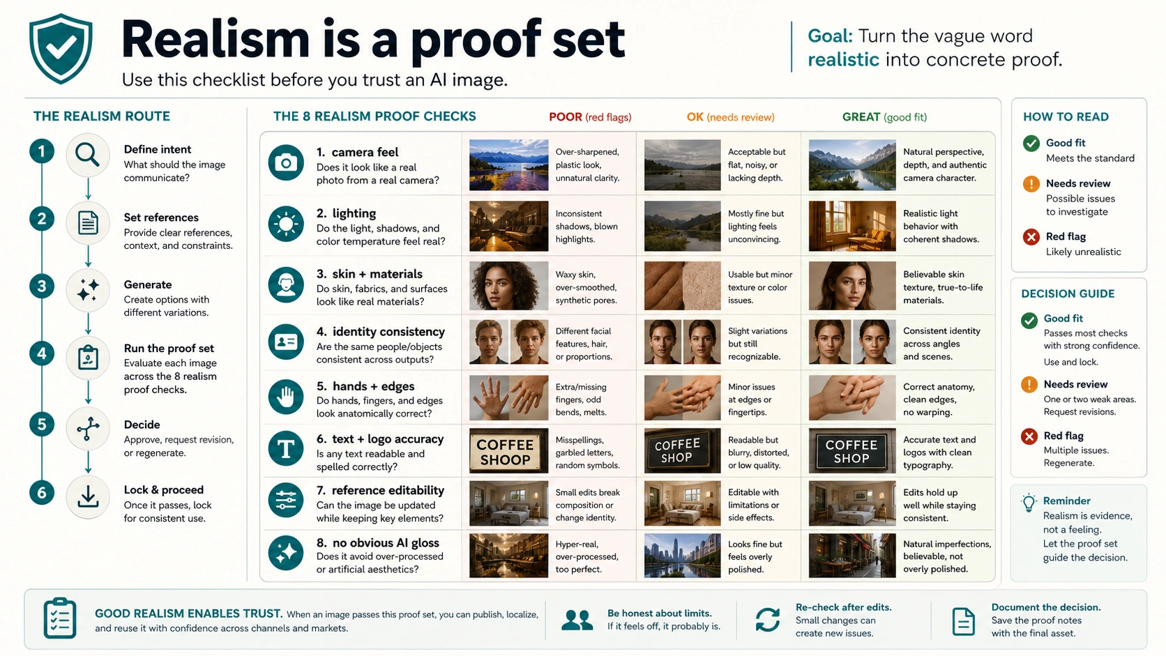 Realism proof matrix for AI images covering camera feel, lighting, skin, materials, identity consistency, text accuracy, and AI artifacts