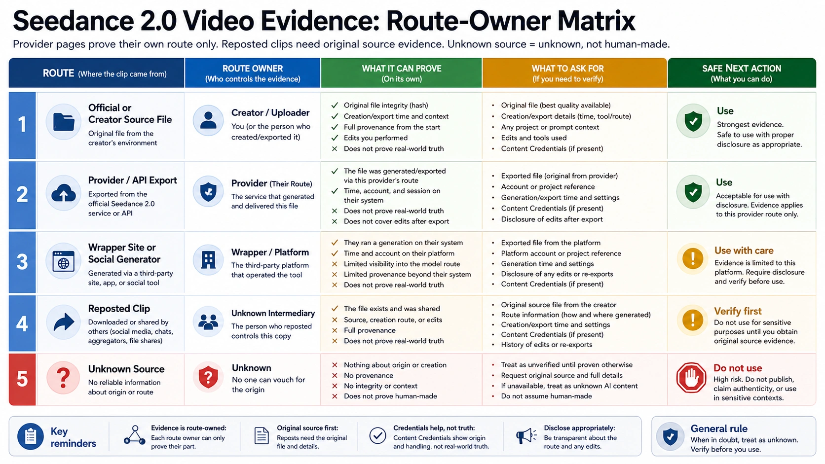 Route-owner matrix for Seedance 2.0 AI-generated and reposted clips