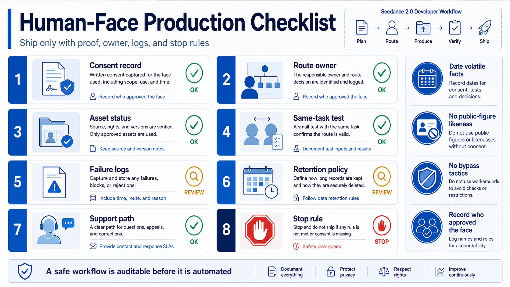 Production checklist for safe Seedance 2.0 human-face workflows