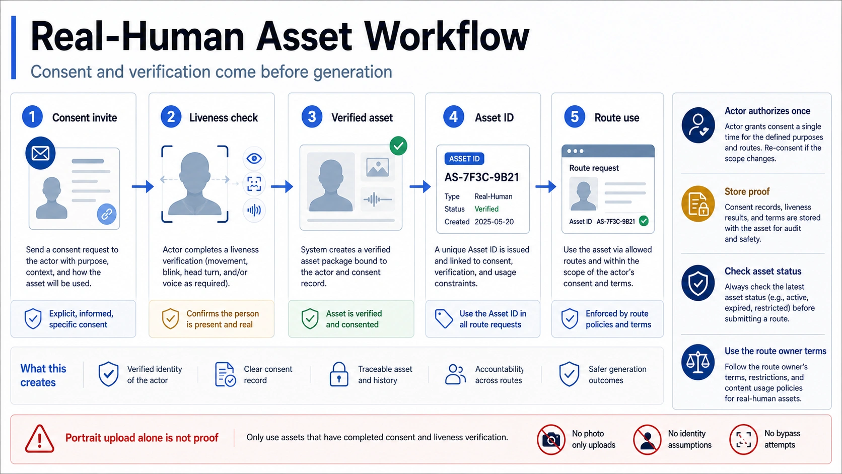 Real-human asset workflow from consent invitation to verified asset ID