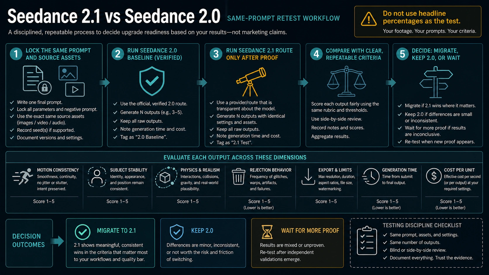 Same-prompt retest workflow for comparing Seedance 2.0 and a proved Seedance 2.1 route