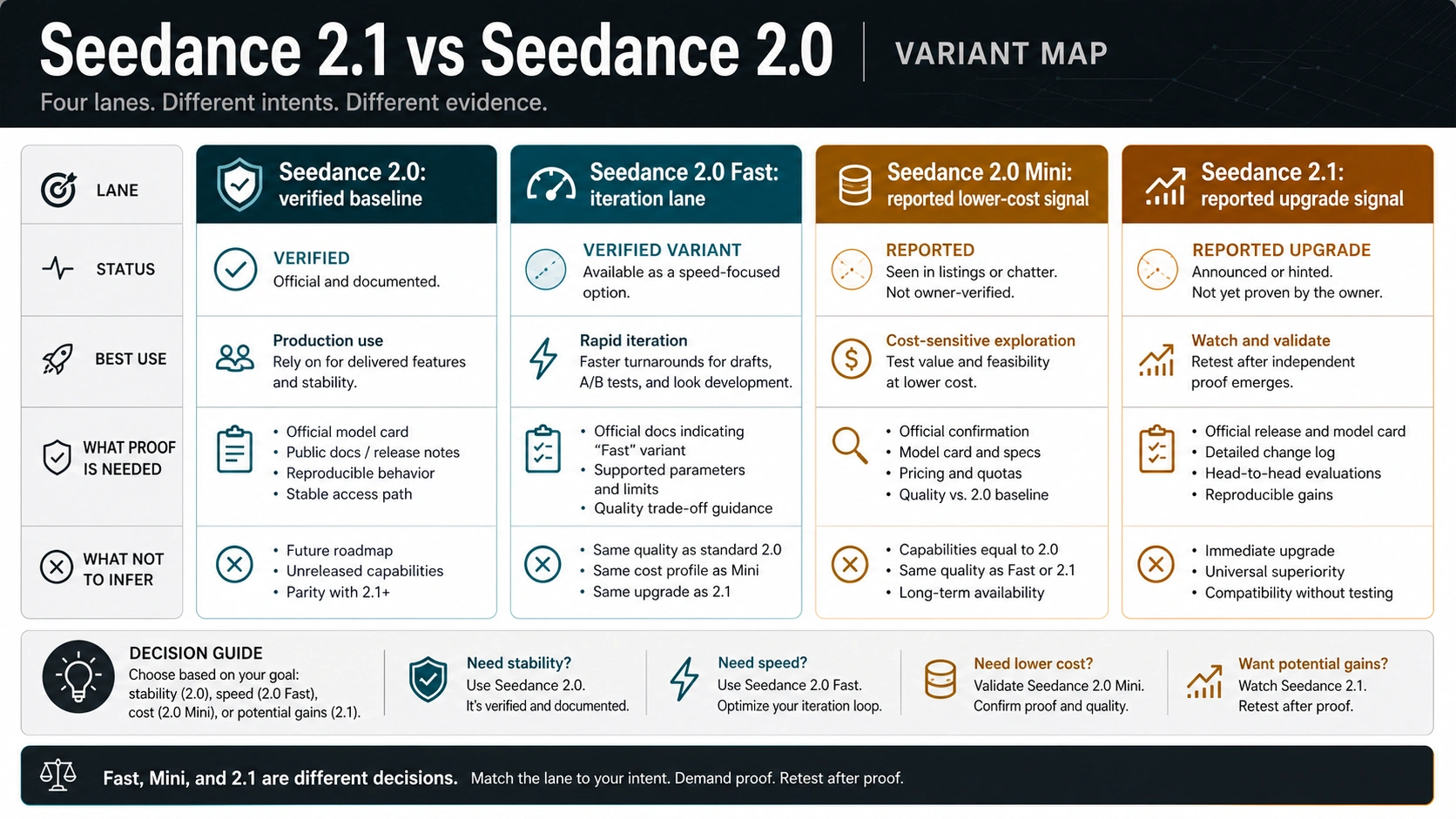 Variant map separating Seedance 2.0, Seedance 2.0 Fast, reported Seedance 2.0 Mini, and reported Seedance 2.1