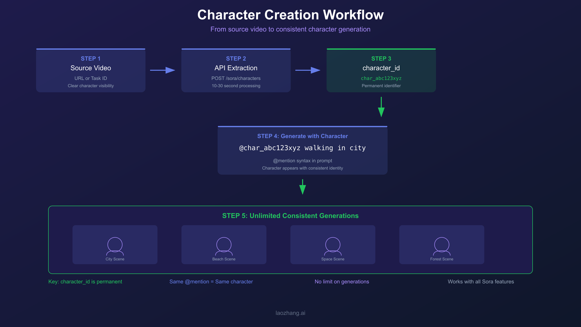 Sora 2 Character Creation workflow flowchart showing the complete process from source video to generated content
