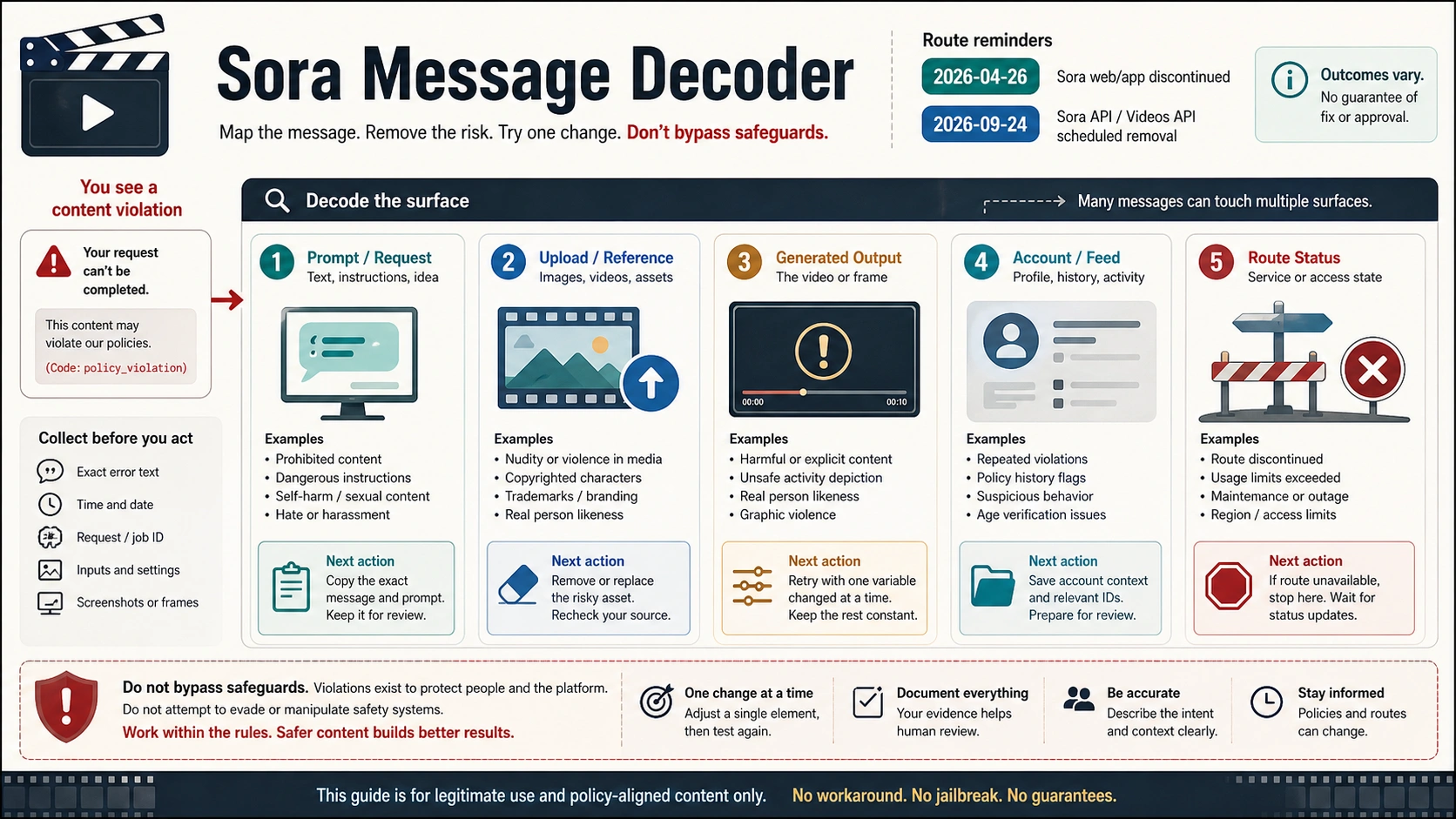 Sora content violation message decoder by surface