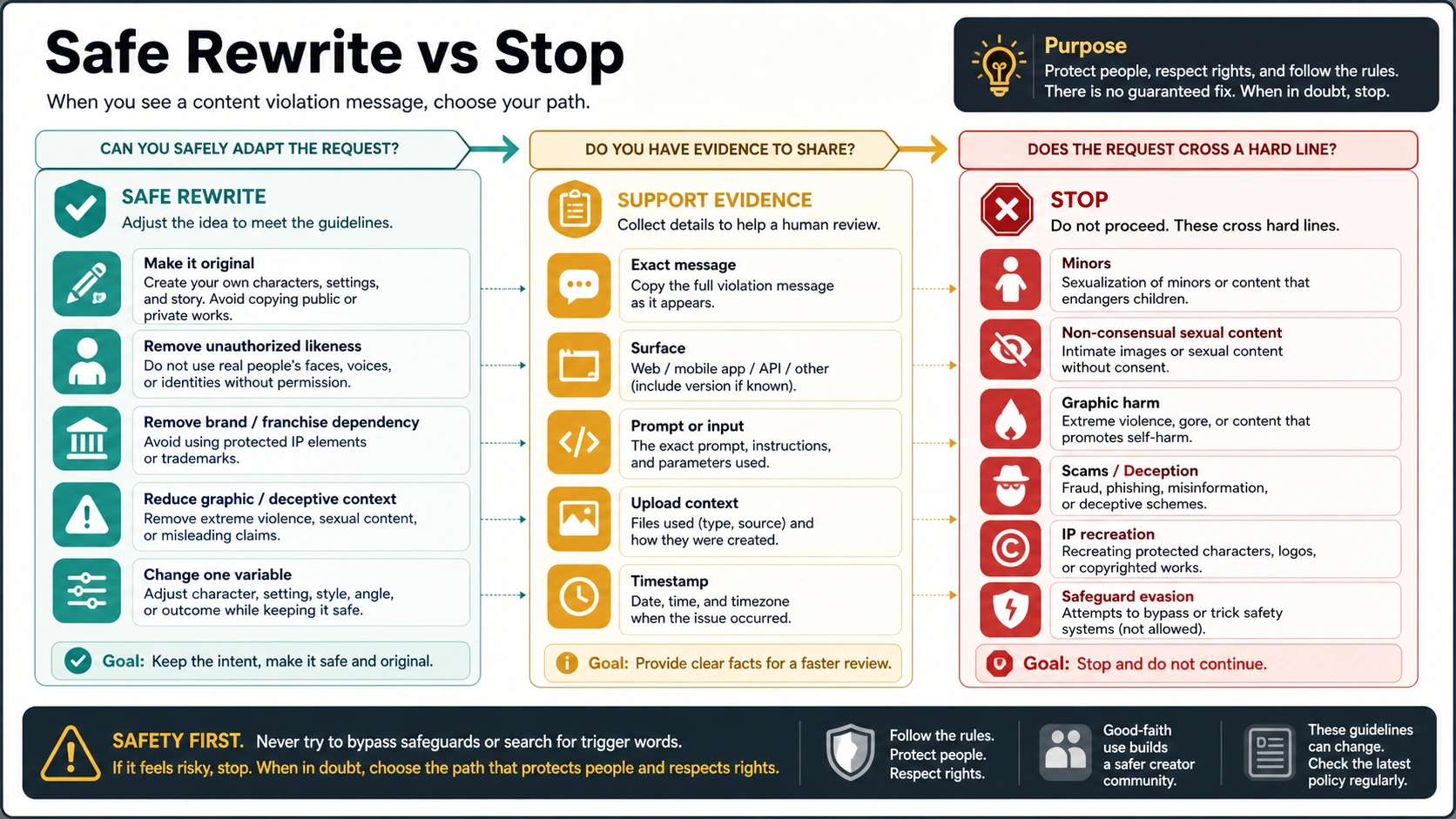Sora safe rewrite versus stop rule map