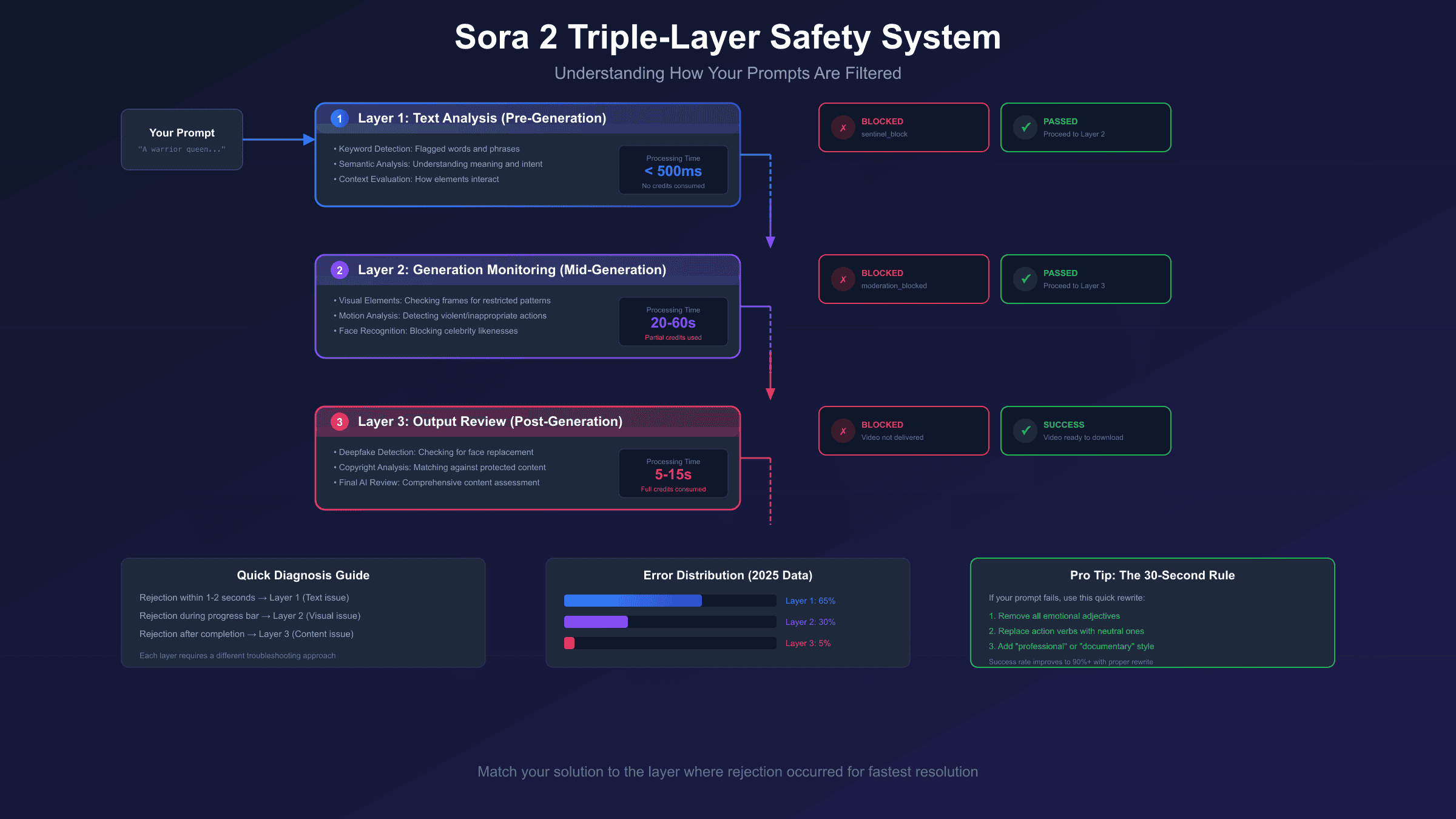 Sora 2 Triple-Layer Safety System - Visual diagram explaining how prompts are filtered at each stage